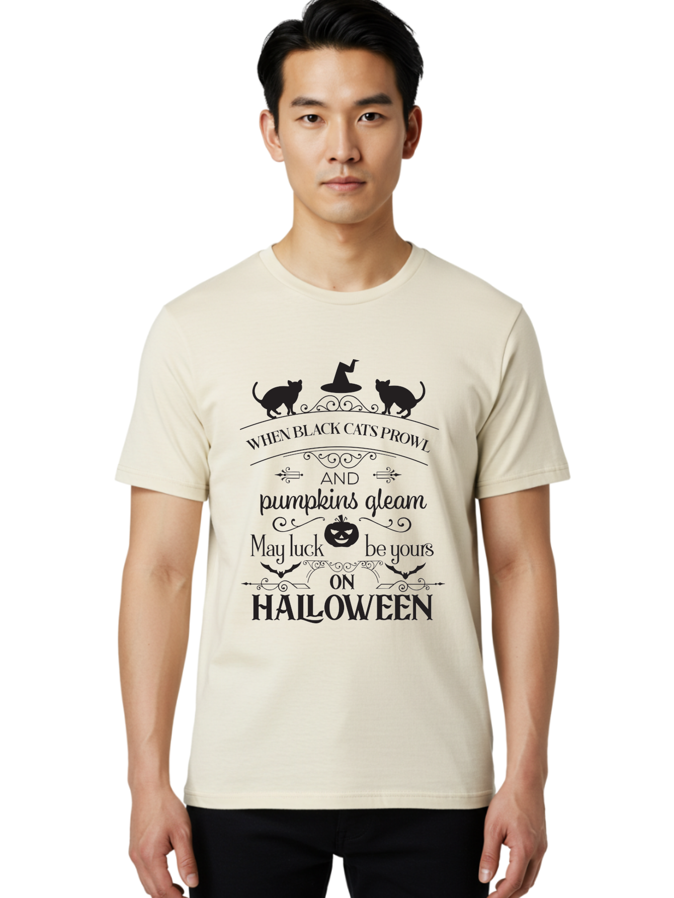 When-Black-Cats-Prowl Men'S Graphic Tee, 100% Cotton, Comfortable Casual Summer Wear, Machine Washable, Halloween Quote, Black Cats, Pumpkins, Halloween Luck, Spooky Season, Witch Hat, Autumn, Halloween Magic, Jack-O'-Lantern, Aad300
