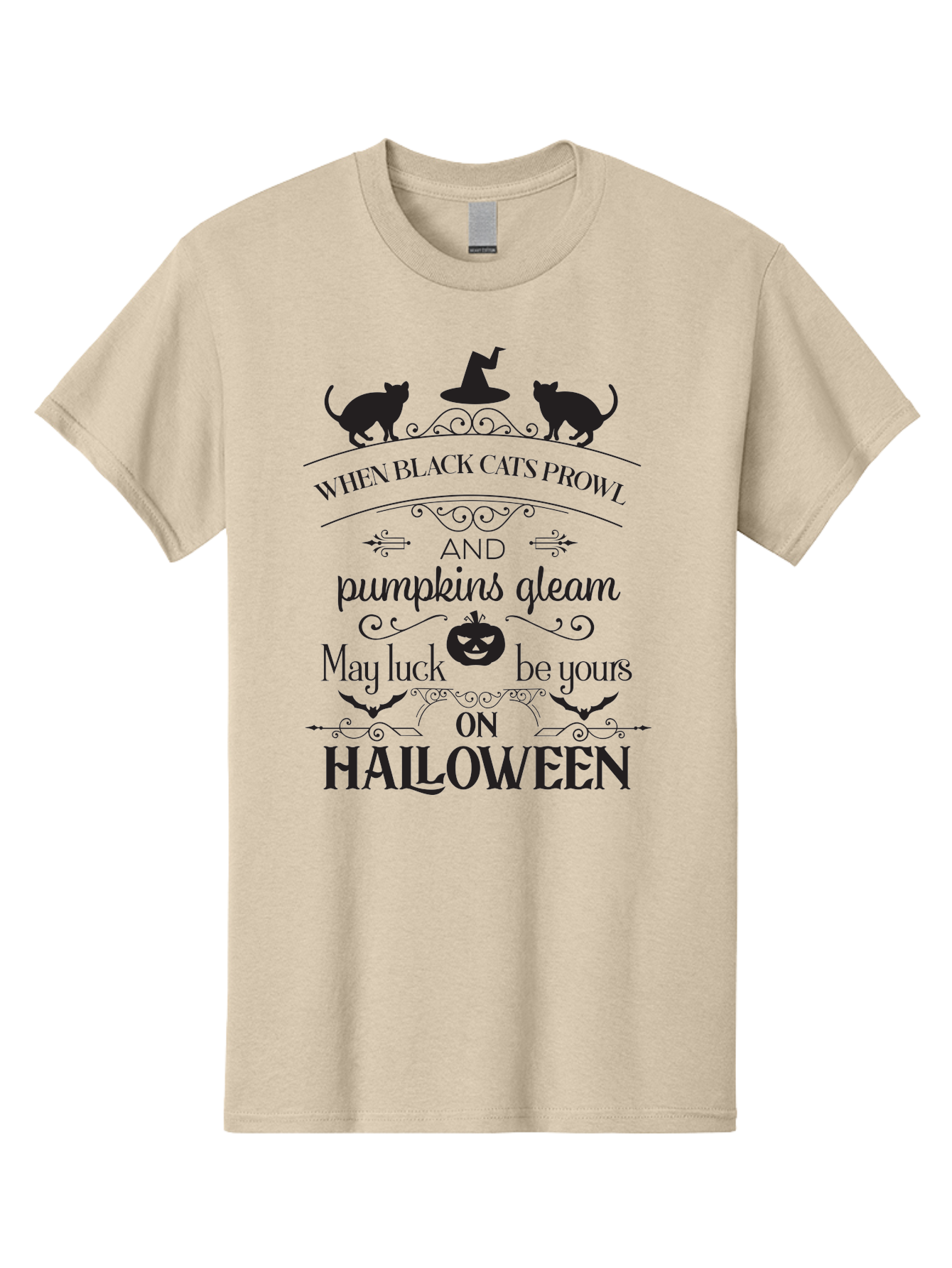 When-Black-Cats-Prowl Men'S Graphic Tee, 100% Cotton, Comfortable Casual Summer Wear, Machine Washable, Halloween Quote, Black Cats, Pumpkins, Halloween Luck, Spooky Season, Witch Hat, Autumn, Halloween Magic, Jack-O'-Lantern, Aad300