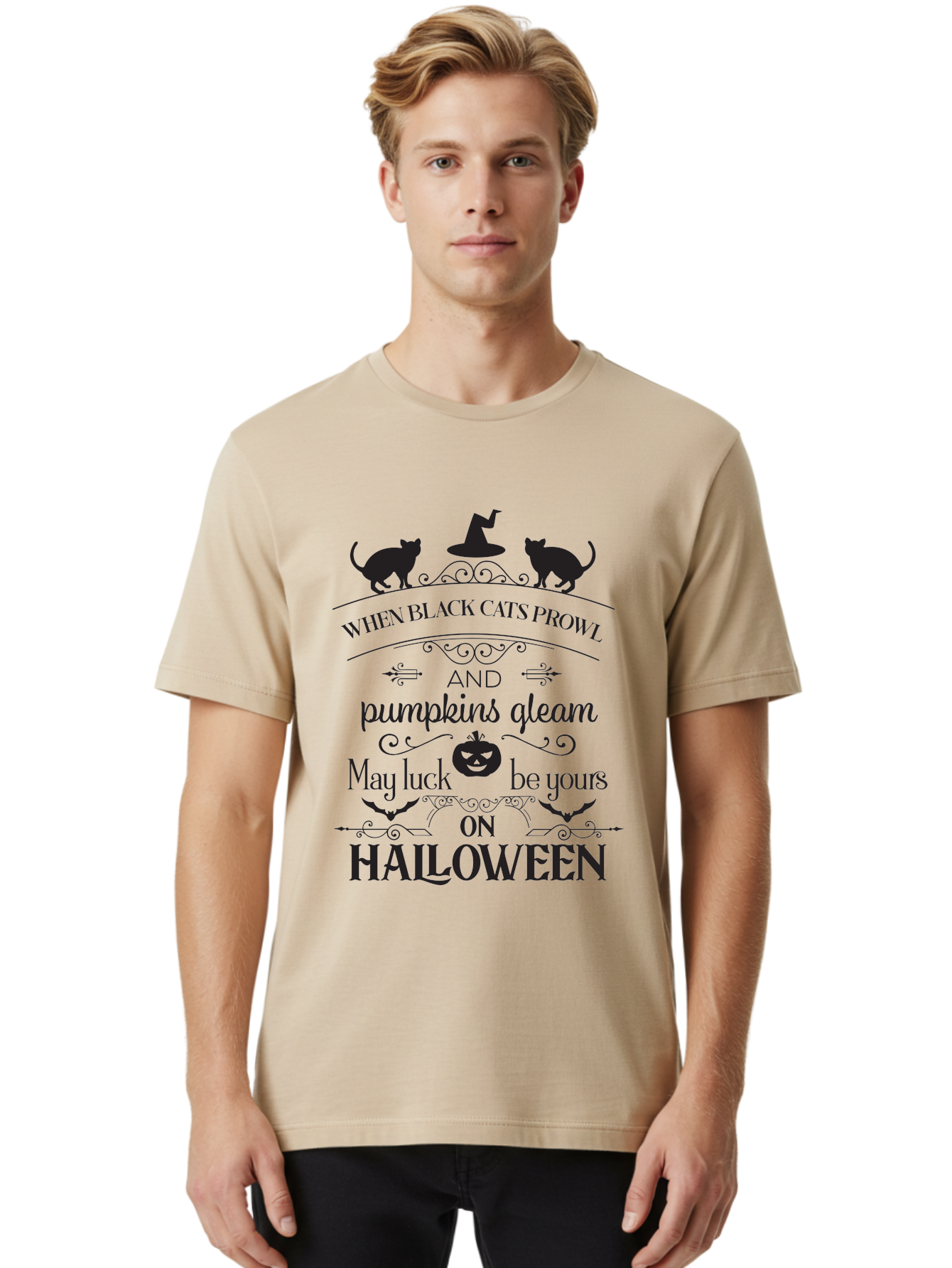 When-Black-Cats-Prowl Men'S Graphic Tee, 100% Cotton, Comfortable Casual Summer Wear, Machine Washable, Halloween Quote, Black Cats, Pumpkins, Halloween Luck, Spooky Season, Witch Hat, Autumn, Halloween Magic, Jack-O'-Lantern, Aad300