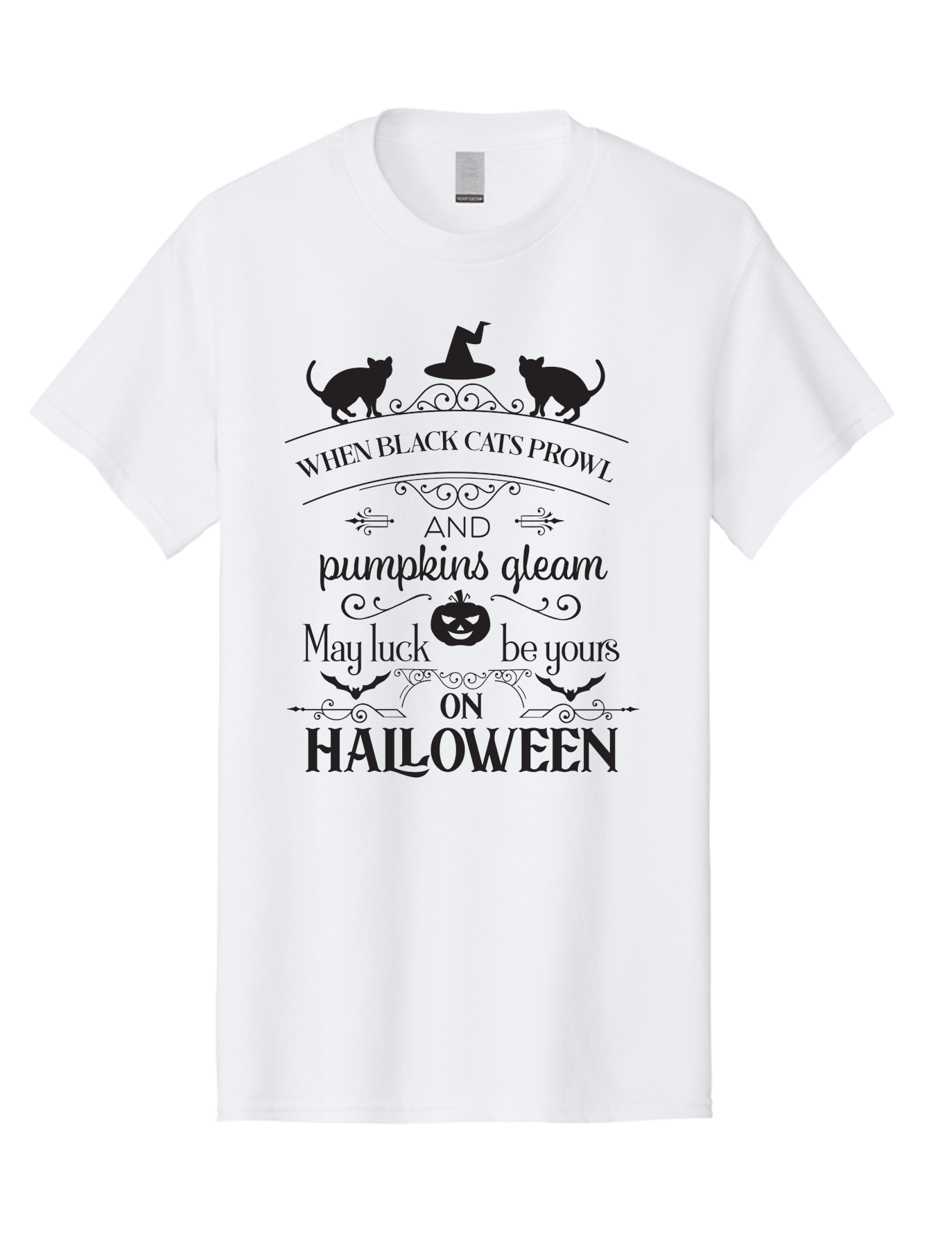 When-Black-Cats-Prowl Men'S Graphic Tee, 100% Cotton, Comfortable Casual Summer Wear, Machine Washable, Halloween Quote, Black Cats, Pumpkins, Halloween Luck, Spooky Season, Witch Hat, Autumn, Halloween Magic, Jack-O'-Lantern, Aad300