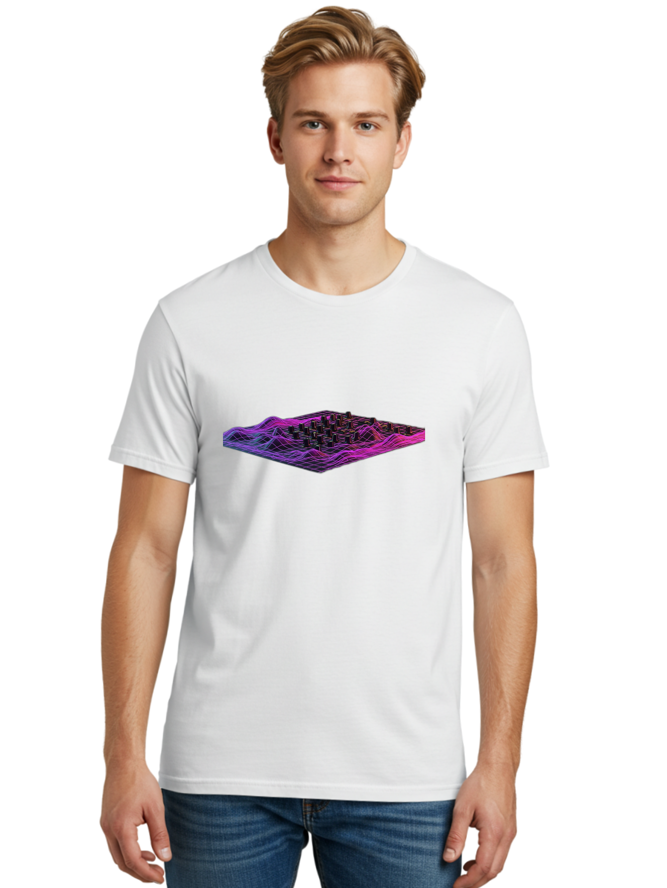 3D-Cityscape-Grid Men'S Graphic Tee, 100% Cotton, Comfortable Casual Summer Wear, Machine Washable, 3D Grid Landscape, Neon Purple And Pink, Futuristic Terrain, Wavy Lines, Grid Pattern, Abstract Geometry, Digital Artwork, Vibrant Colors, Baa000