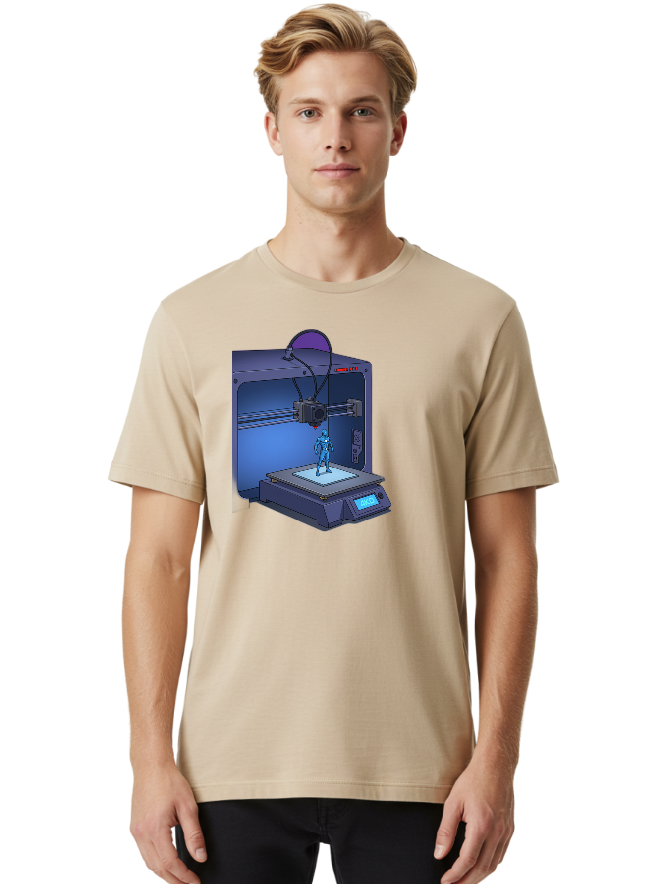 3D-Printer-10 Men'S Graphic Tee, 100% Cotton, Comfortable Casual Summer Wear, Machine Washable, 3D Printing Technology, Futuristic Design, Robotic Figure, Precise Manufacturing, Innovative Machinery, Additive Manufacturing, Ako Baa003