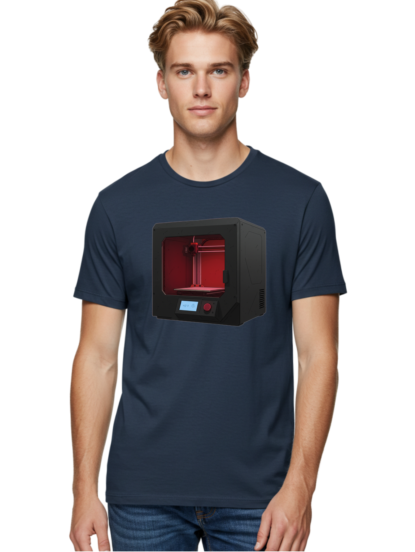3D-Printer-12 Men'S Graphic Tee, 100% Cotton, Comfortable Casual Summer Wear, Machine Washable, 3D Printing Technology, Additive Manufacturing, Red Lit Interior, Digital Display, Control Panel, Futuristic Design, Precision Engineering, Baa005