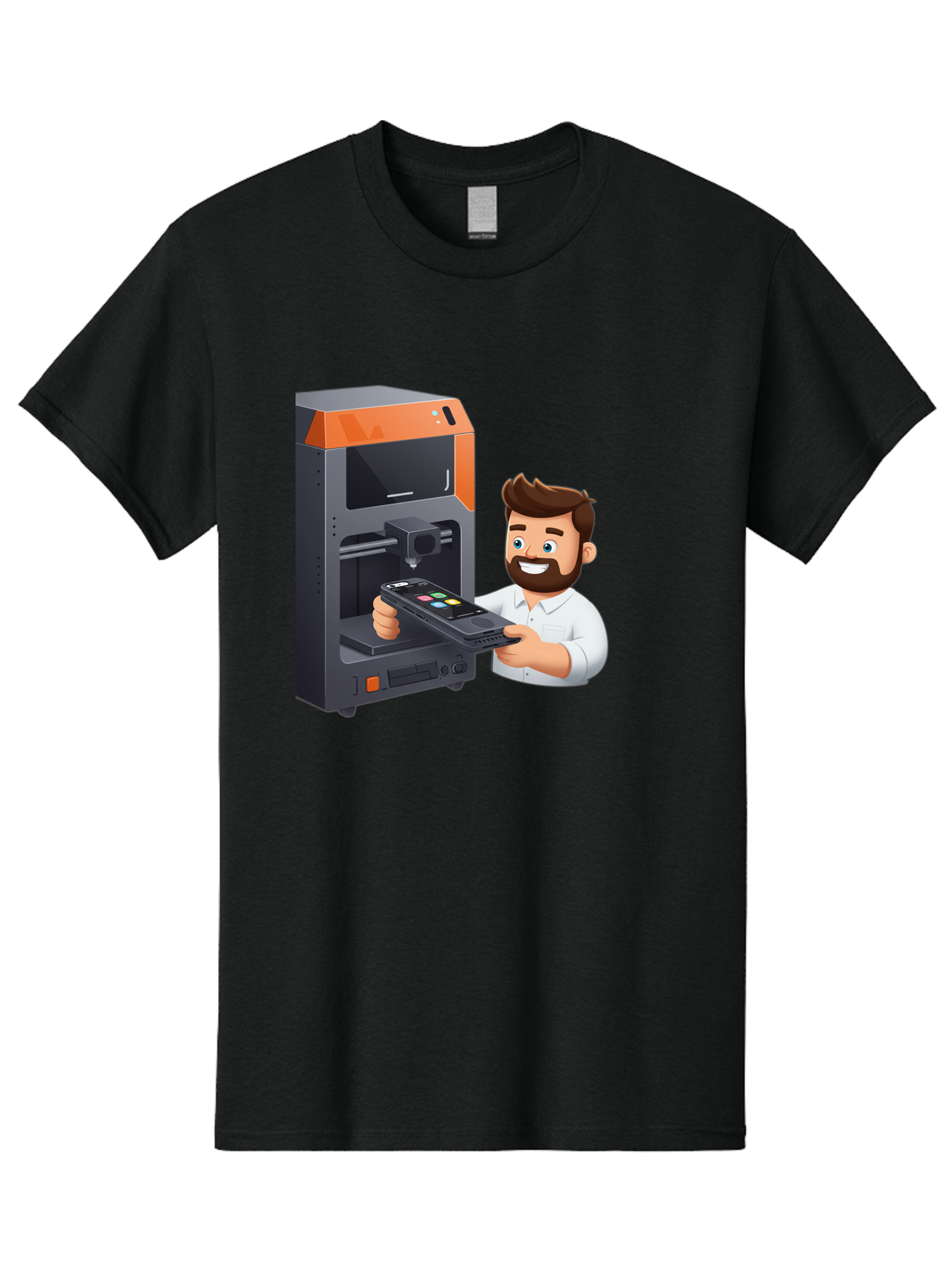 3D-Printer-18 Men'S Graphic Tee, 100% Cotton, Comfortable Casual Summer Wear, Machine Washable, Man Holding Phone, 3D Printing Technology, Phone Scanning, Digital Design, Modern Innovation, Futuristic Manufacturing, 3D Printer Machine Baa011