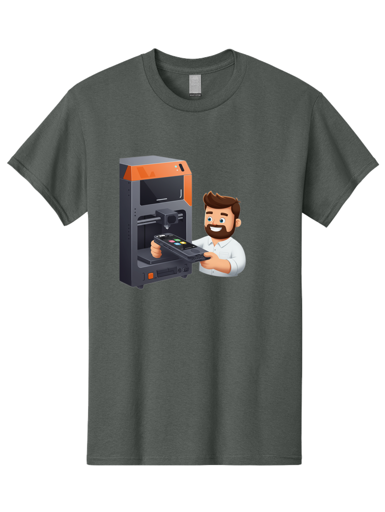 3D-Printer-18 Men'S Graphic Tee, 100% Cotton, Comfortable Casual Summer Wear, Machine Washable, Man Holding Phone, 3D Printing Technology, Phone Scanning, Digital Design, Modern Innovation, Futuristic Manufacturing, 3D Printer Machine Baa011