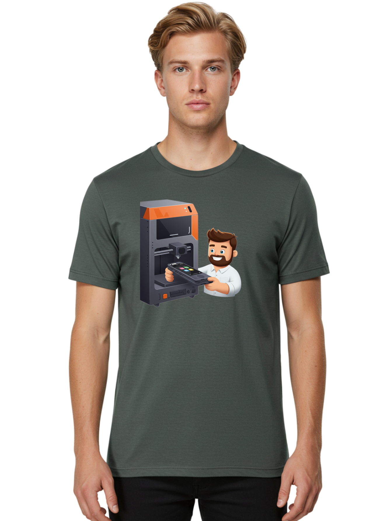 3D-Printer-18 Men'S Graphic Tee, 100% Cotton, Comfortable Casual Summer Wear, Machine Washable, Man Holding Phone, 3D Printing Technology, Phone Scanning, Digital Design, Modern Innovation, Futuristic Manufacturing, 3D Printer Machine Baa011