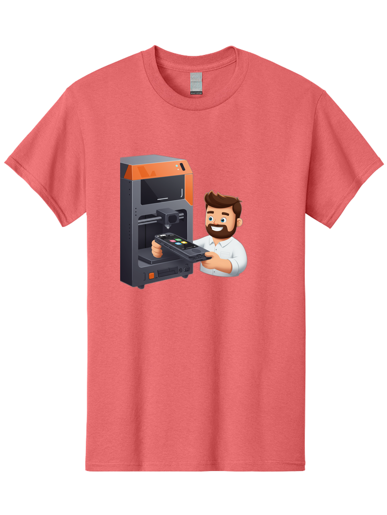 3D-Printer-18 Men'S Graphic Tee, 100% Cotton, Comfortable Casual Summer Wear, Machine Washable, Man Holding Phone, 3D Printing Technology, Phone Scanning, Digital Design, Modern Innovation, Futuristic Manufacturing, 3D Printer Machine Baa011