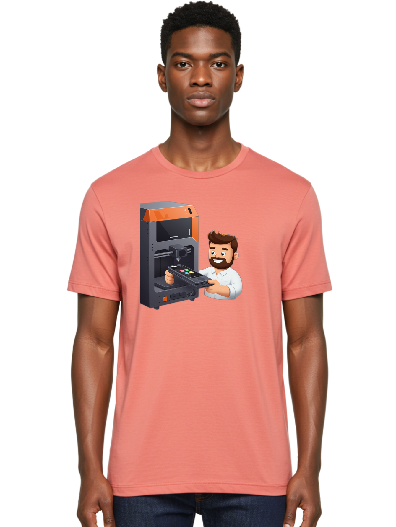 3D-Printer-18 Men'S Graphic Tee, 100% Cotton, Comfortable Casual Summer Wear, Machine Washable, Man Holding Phone, 3D Printing Technology, Phone Scanning, Digital Design, Modern Innovation, Futuristic Manufacturing, 3D Printer Machine Baa011