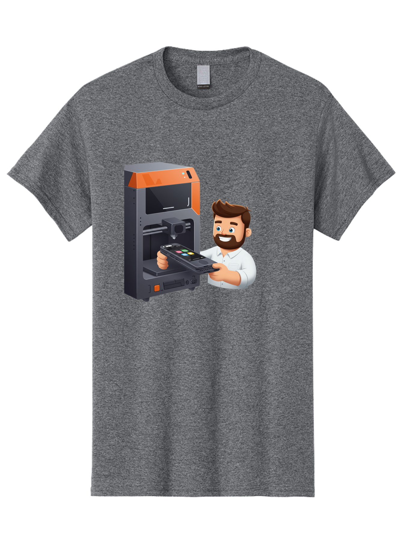 3D-Printer-18 Men'S Graphic Tee, 100% Cotton, Comfortable Casual Summer Wear, Machine Washable, Man Holding Phone, 3D Printing Technology, Phone Scanning, Digital Design, Modern Innovation, Futuristic Manufacturing, 3D Printer Machine Baa011