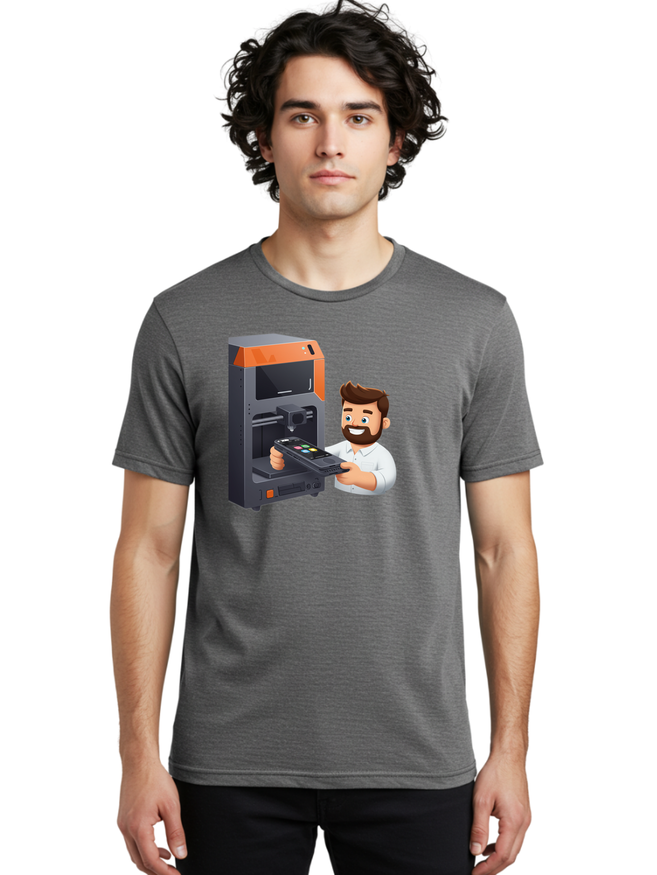 3D-Printer-18 Men'S Graphic Tee, 100% Cotton, Comfortable Casual Summer Wear, Machine Washable, Man Holding Phone, 3D Printing Technology, Phone Scanning, Digital Design, Modern Innovation, Futuristic Manufacturing, 3D Printer Machine Baa011