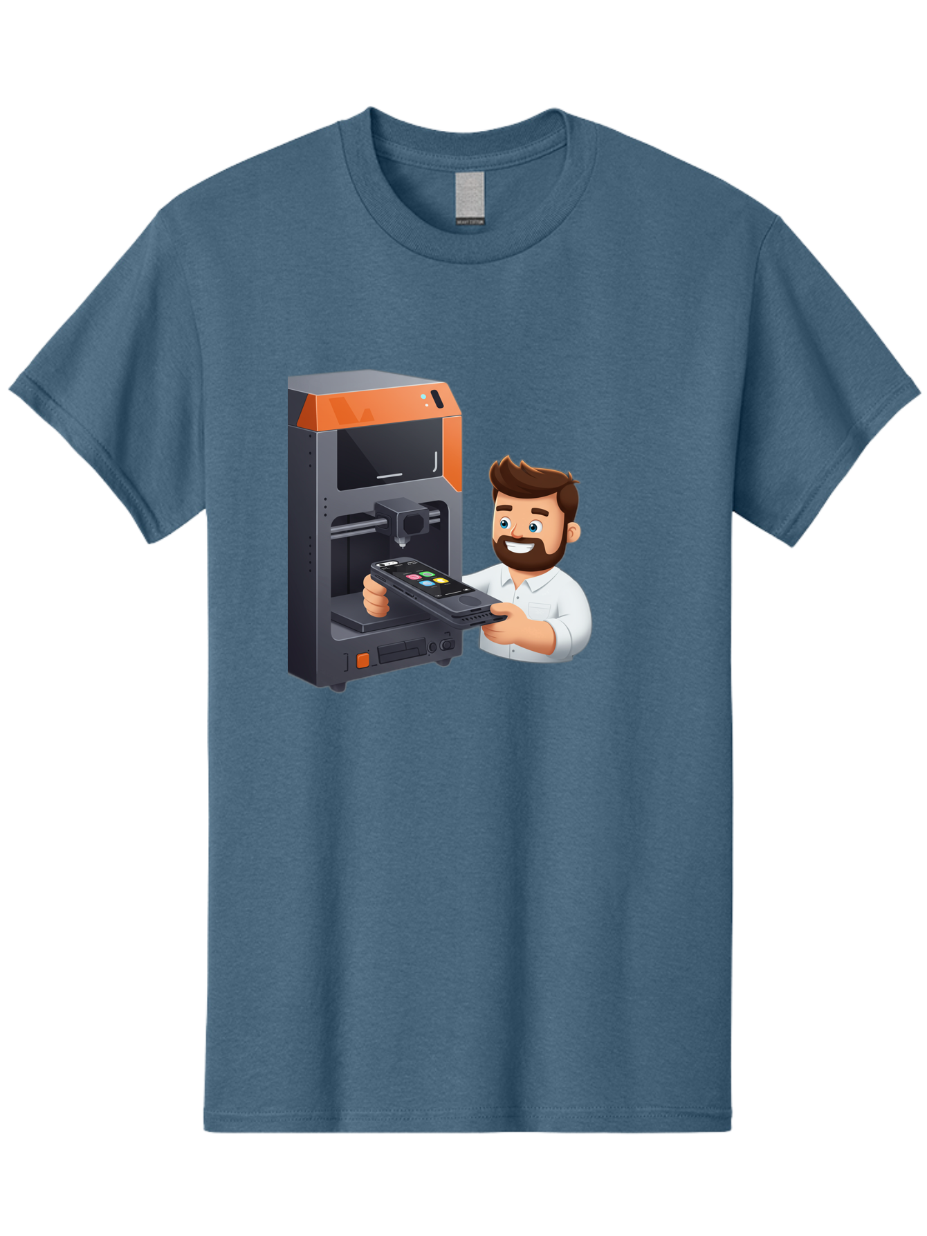 3D-Printer-18 Men'S Graphic Tee, 100% Cotton, Comfortable Casual Summer Wear, Machine Washable, Man Holding Phone, 3D Printing Technology, Phone Scanning, Digital Design, Modern Innovation, Futuristic Manufacturing, 3D Printer Machine Baa011