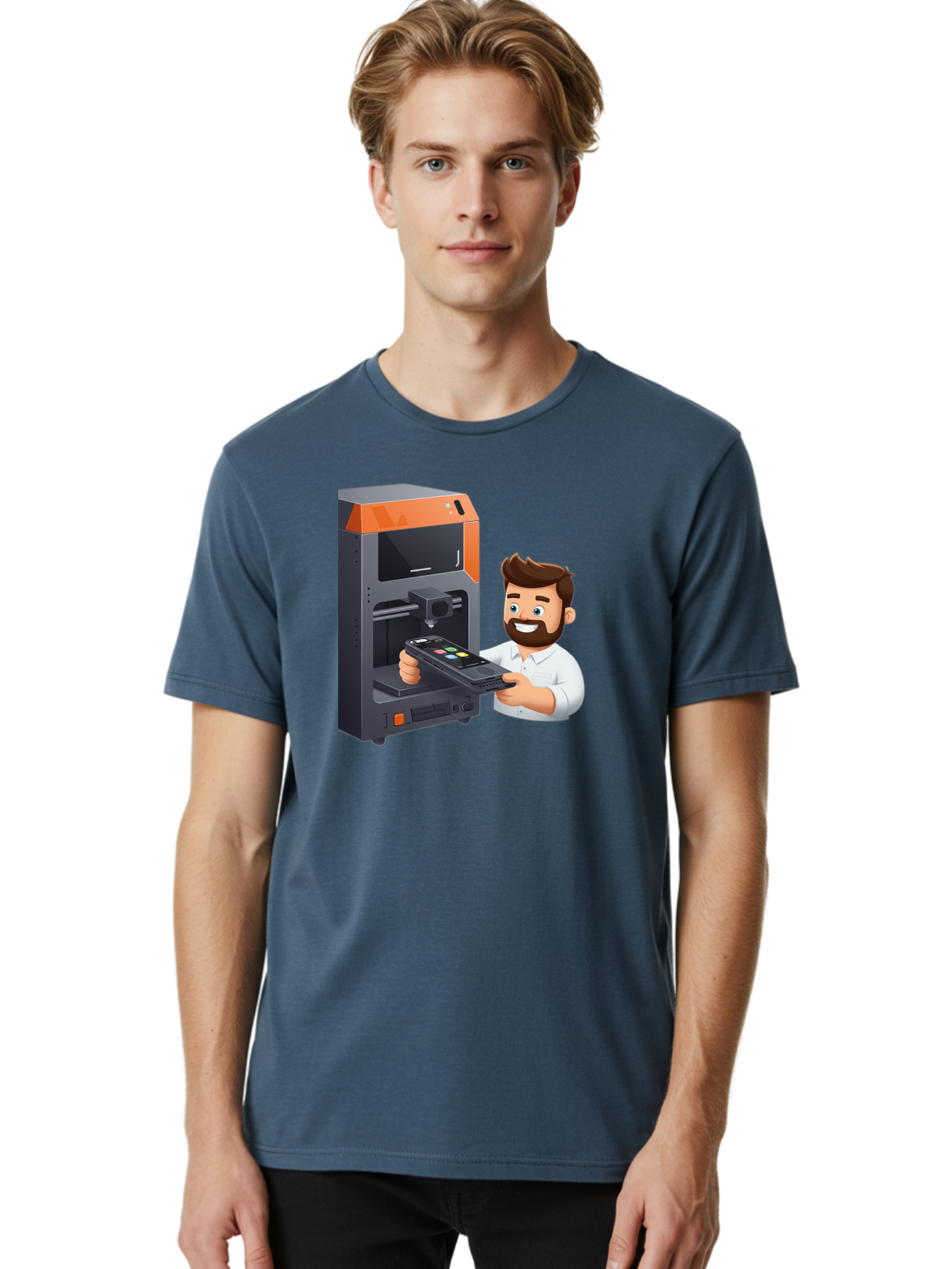 3D-Printer-18 Men'S Graphic Tee, 100% Cotton, Comfortable Casual Summer Wear, Machine Washable, Man Holding Phone, 3D Printing Technology, Phone Scanning, Digital Design, Modern Innovation, Futuristic Manufacturing, 3D Printer Machine Baa011