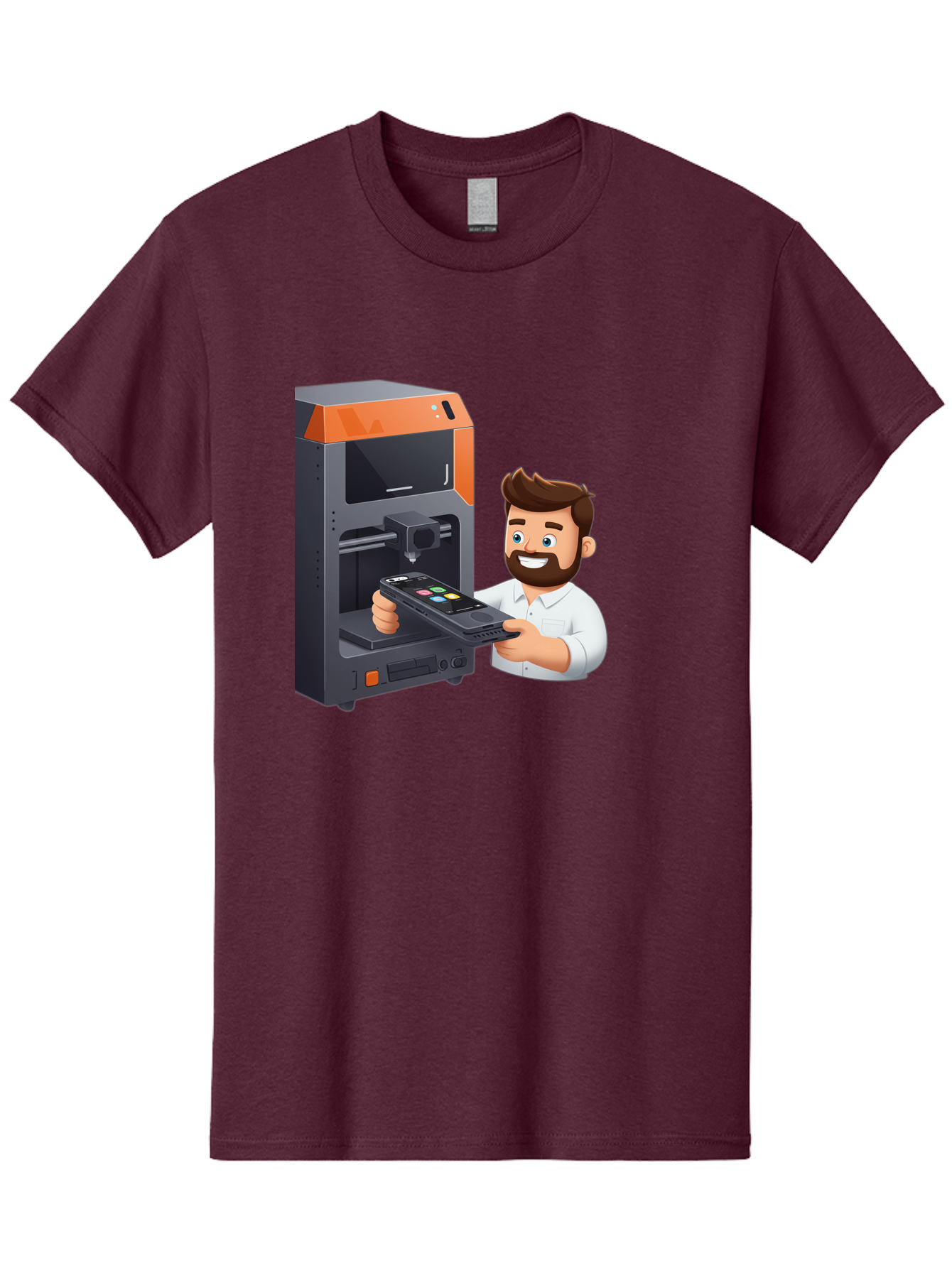 3D-Printer-18 Men'S Graphic Tee, 100% Cotton, Comfortable Casual Summer Wear, Machine Washable, Man Holding Phone, 3D Printing Technology, Phone Scanning, Digital Design, Modern Innovation, Futuristic Manufacturing, 3D Printer Machine Baa011