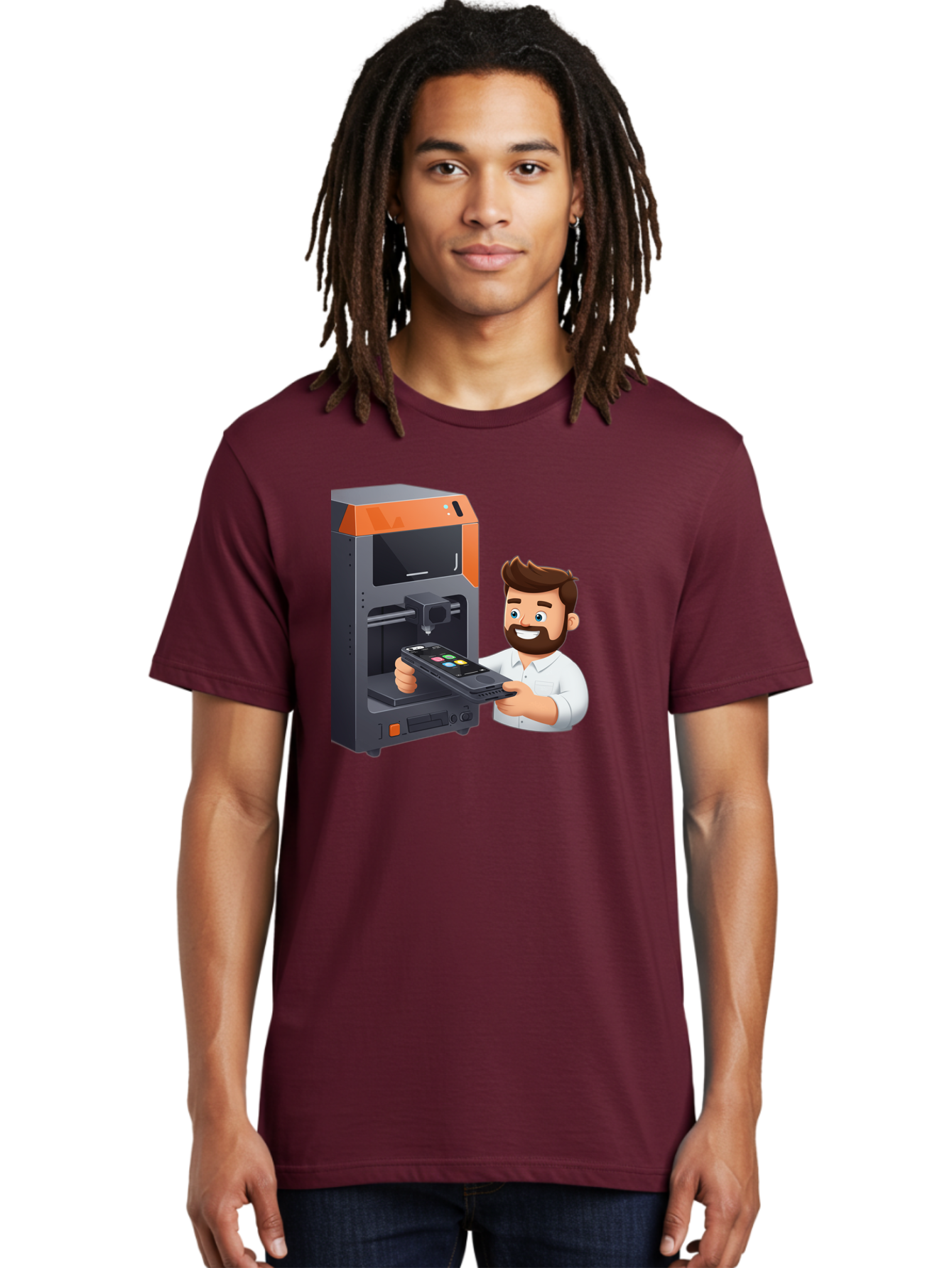 3D-Printer-18 Men'S Graphic Tee, 100% Cotton, Comfortable Casual Summer Wear, Machine Washable, Man Holding Phone, 3D Printing Technology, Phone Scanning, Digital Design, Modern Innovation, Futuristic Manufacturing, 3D Printer Machine Baa011