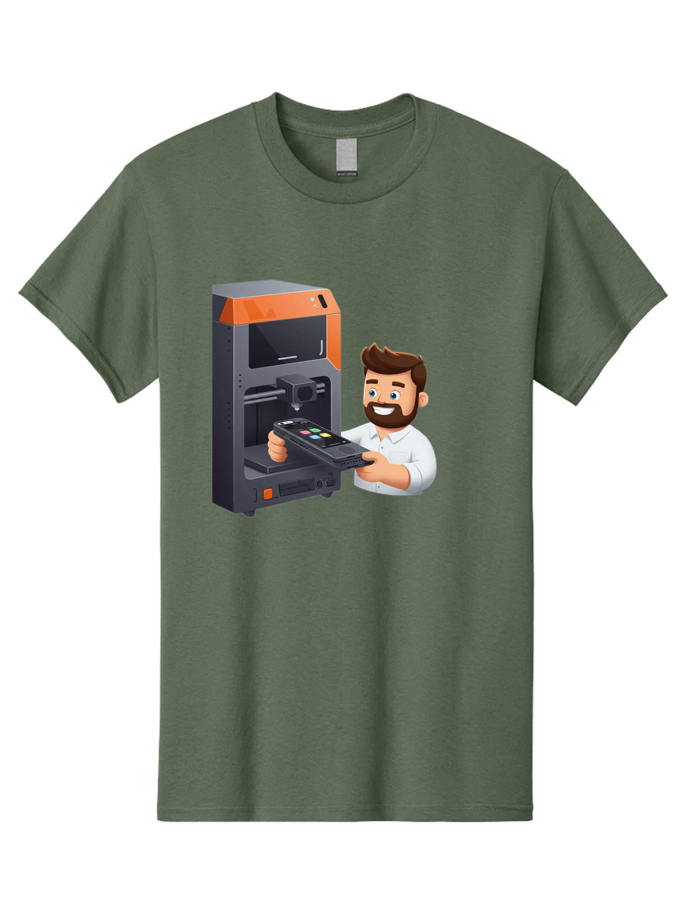 3D-Printer-18 Men'S Graphic Tee, 100% Cotton, Comfortable Casual Summer Wear, Machine Washable, Man Holding Phone, 3D Printing Technology, Phone Scanning, Digital Design, Modern Innovation, Futuristic Manufacturing, 3D Printer Machine Baa011