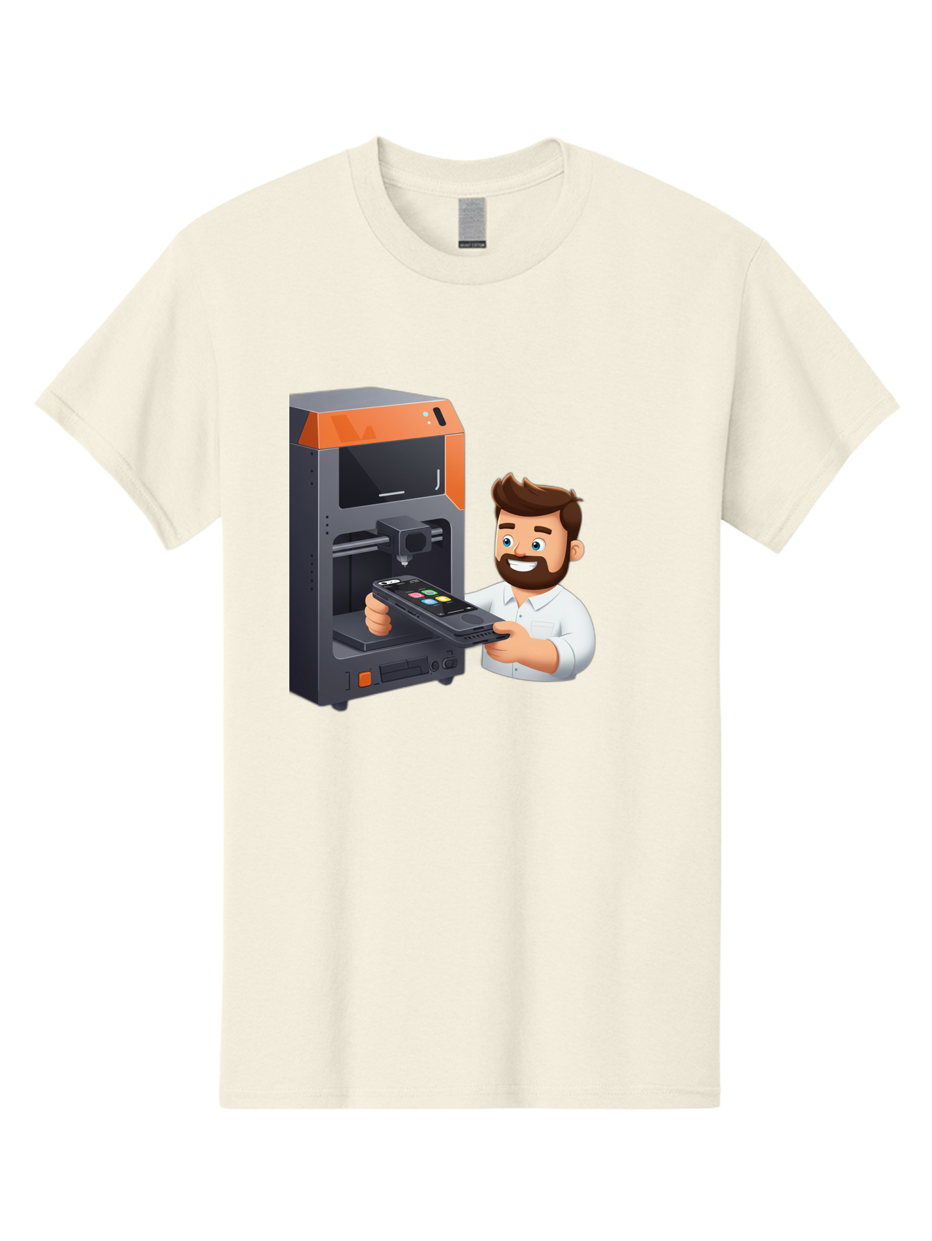 3D-Printer-18 Men'S Graphic Tee, 100% Cotton, Comfortable Casual Summer Wear, Machine Washable, Man Holding Phone, 3D Printing Technology, Phone Scanning, Digital Design, Modern Innovation, Futuristic Manufacturing, 3D Printer Machine Baa011