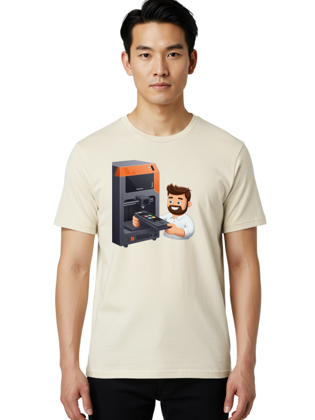 3D-Printer-18 Men'S Graphic Tee, 100% Cotton, Comfortable Casual Summer Wear, Machine Washable, Man Holding Phone, 3D Printing Technology, Phone Scanning, Digital Design, Modern Innovation, Futuristic Manufacturing, 3D Printer Machine Baa011