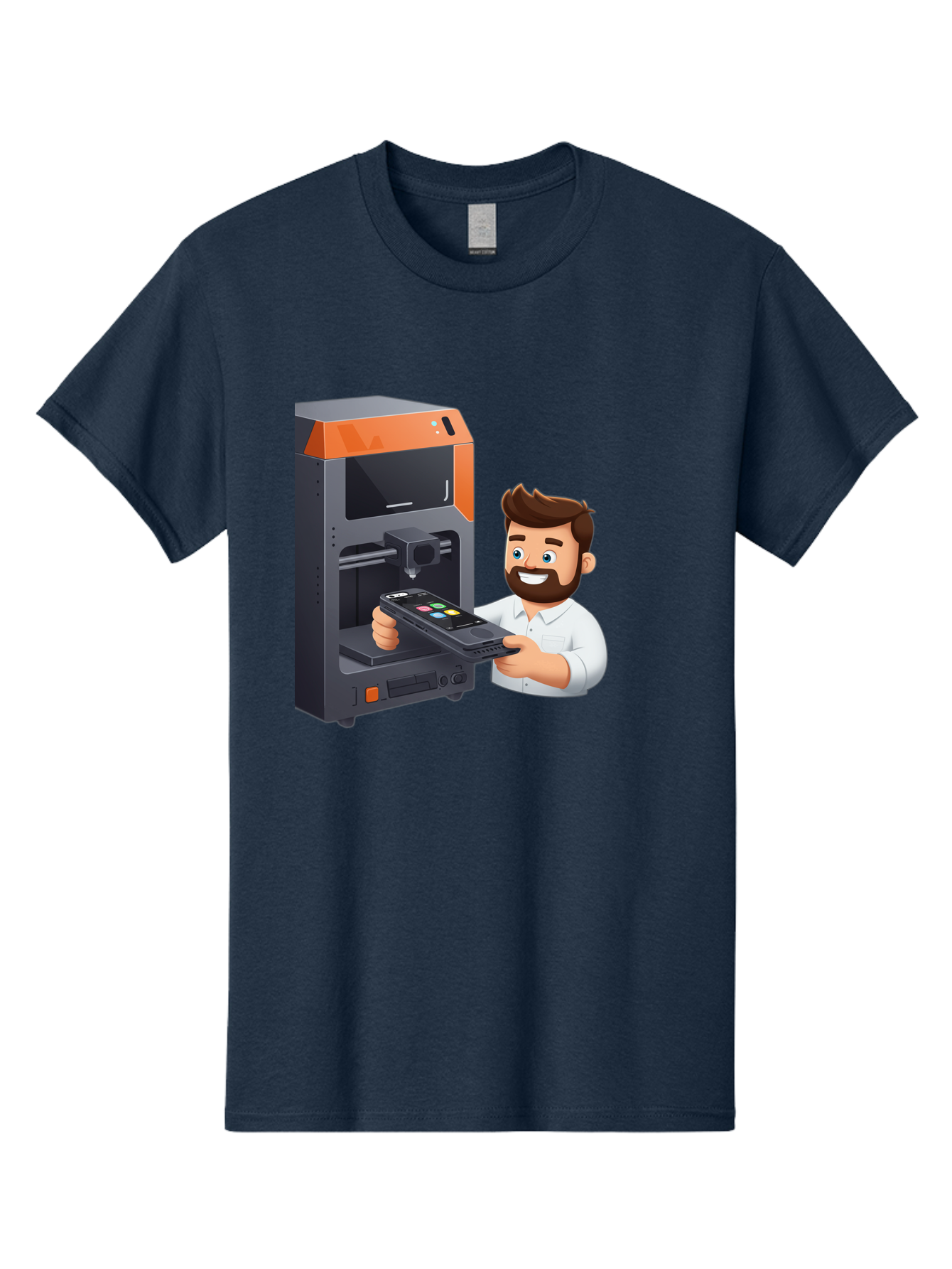 3D-Printer-18 Men'S Graphic Tee, 100% Cotton, Comfortable Casual Summer Wear, Machine Washable, Man Holding Phone, 3D Printing Technology, Phone Scanning, Digital Design, Modern Innovation, Futuristic Manufacturing, 3D Printer Machine Baa011