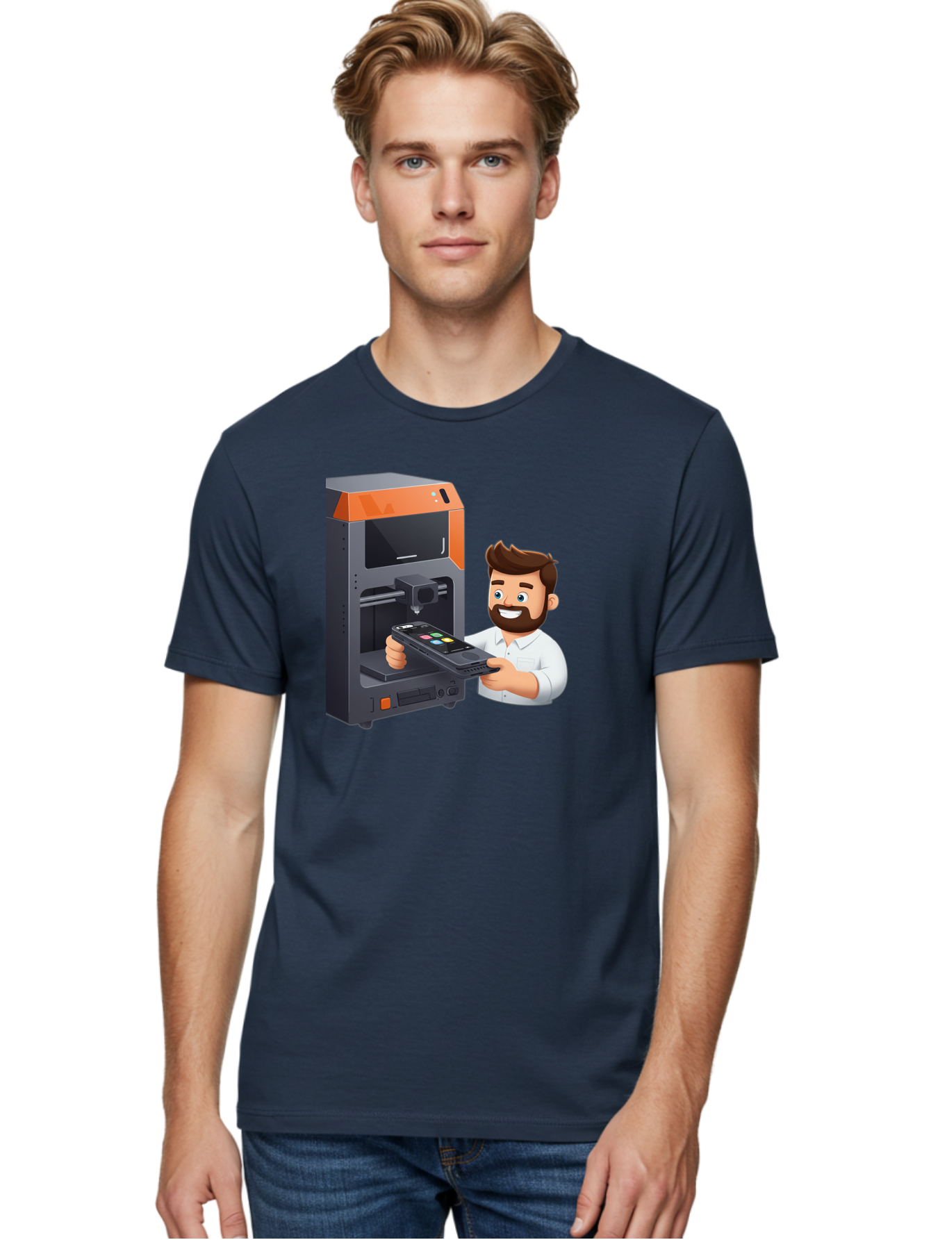 3D-Printer-18 Men'S Graphic Tee, 100% Cotton, Comfortable Casual Summer Wear, Machine Washable, Man Holding Phone, 3D Printing Technology, Phone Scanning, Digital Design, Modern Innovation, Futuristic Manufacturing, 3D Printer Machine Baa011