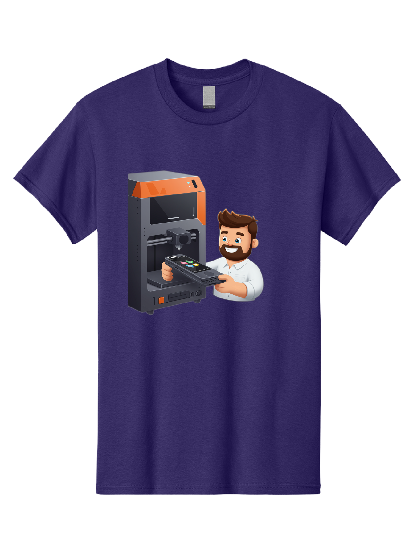 3D-Printer-18 Men'S Graphic Tee, 100% Cotton, Comfortable Casual Summer Wear, Machine Washable, Man Holding Phone, 3D Printing Technology, Phone Scanning, Digital Design, Modern Innovation, Futuristic Manufacturing, 3D Printer Machine Baa011