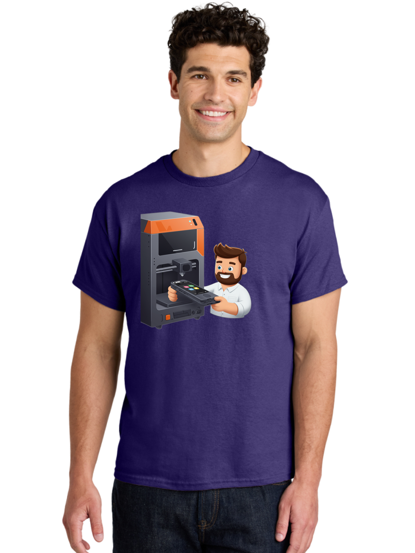 3D-Printer-18 Men'S Graphic Tee, 100% Cotton, Comfortable Casual Summer Wear, Machine Washable, Man Holding Phone, 3D Printing Technology, Phone Scanning, Digital Design, Modern Innovation, Futuristic Manufacturing, 3D Printer Machine Baa011
