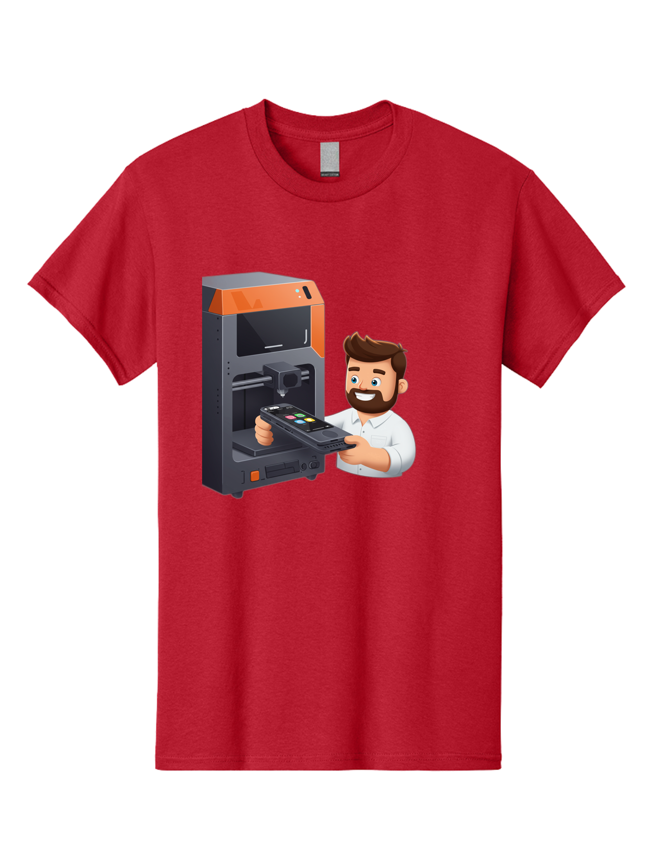 3D-Printer-18 Men'S Graphic Tee, 100% Cotton, Comfortable Casual Summer Wear, Machine Washable, Man Holding Phone, 3D Printing Technology, Phone Scanning, Digital Design, Modern Innovation, Futuristic Manufacturing, 3D Printer Machine Baa011
