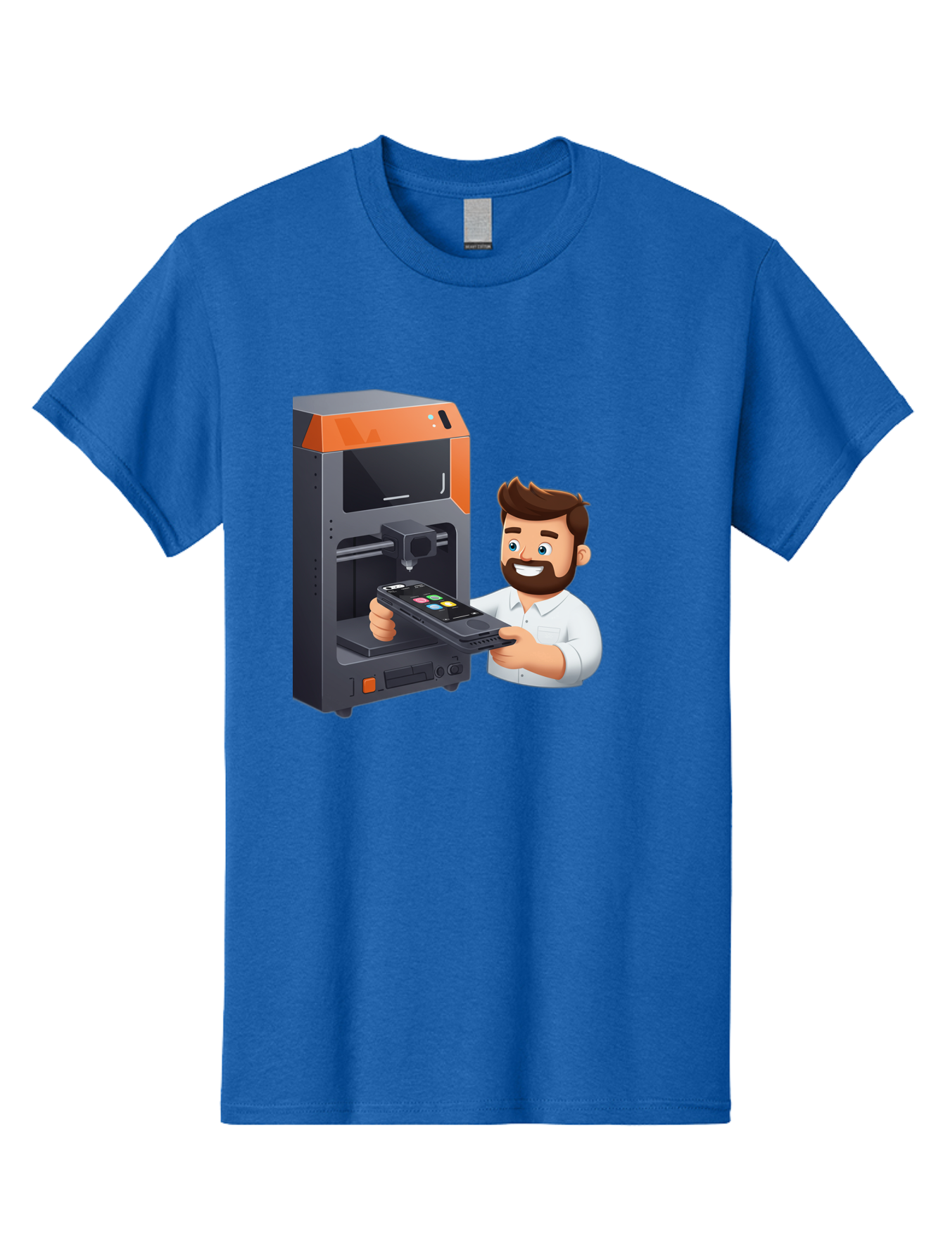 3D-Printer-18 Men'S Graphic Tee, 100% Cotton, Comfortable Casual Summer Wear, Machine Washable, Man Holding Phone, 3D Printing Technology, Phone Scanning, Digital Design, Modern Innovation, Futuristic Manufacturing, 3D Printer Machine Baa011