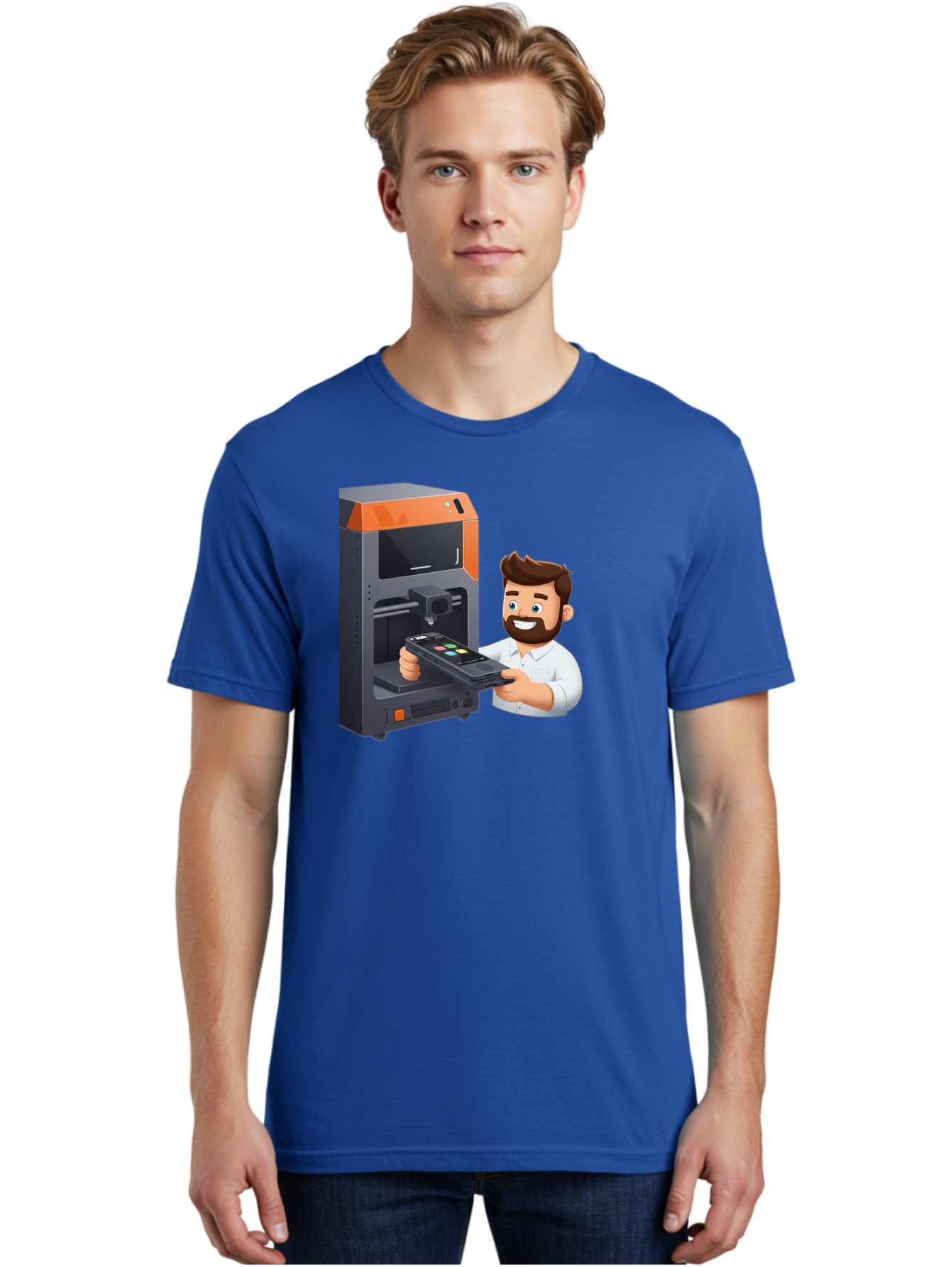 3D-Printer-18 Men'S Graphic Tee, 100% Cotton, Comfortable Casual Summer Wear, Machine Washable, Man Holding Phone, 3D Printing Technology, Phone Scanning, Digital Design, Modern Innovation, Futuristic Manufacturing, 3D Printer Machine Baa011
