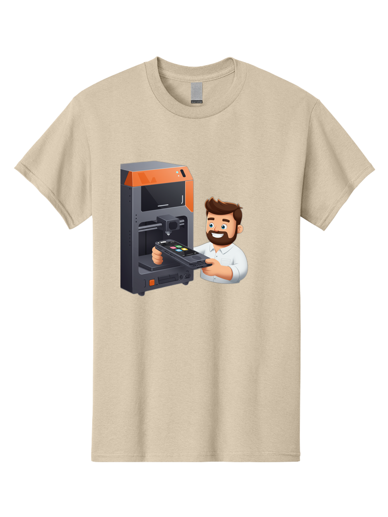 3D-Printer-18 Men'S Graphic Tee, 100% Cotton, Comfortable Casual Summer Wear, Machine Washable, Man Holding Phone, 3D Printing Technology, Phone Scanning, Digital Design, Modern Innovation, Futuristic Manufacturing, 3D Printer Machine Baa011
