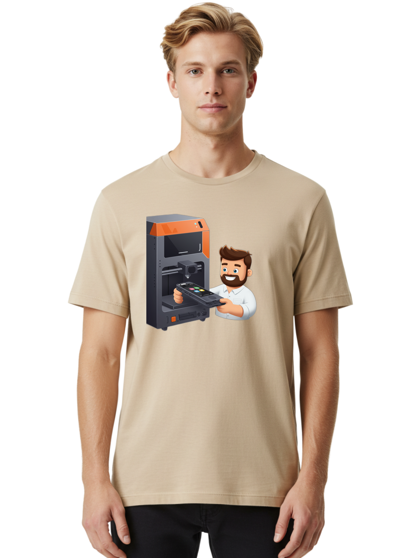 3D-Printer-18 Men'S Graphic Tee, 100% Cotton, Comfortable Casual Summer Wear, Machine Washable, Man Holding Phone, 3D Printing Technology, Phone Scanning, Digital Design, Modern Innovation, Futuristic Manufacturing, 3D Printer Machine Baa011