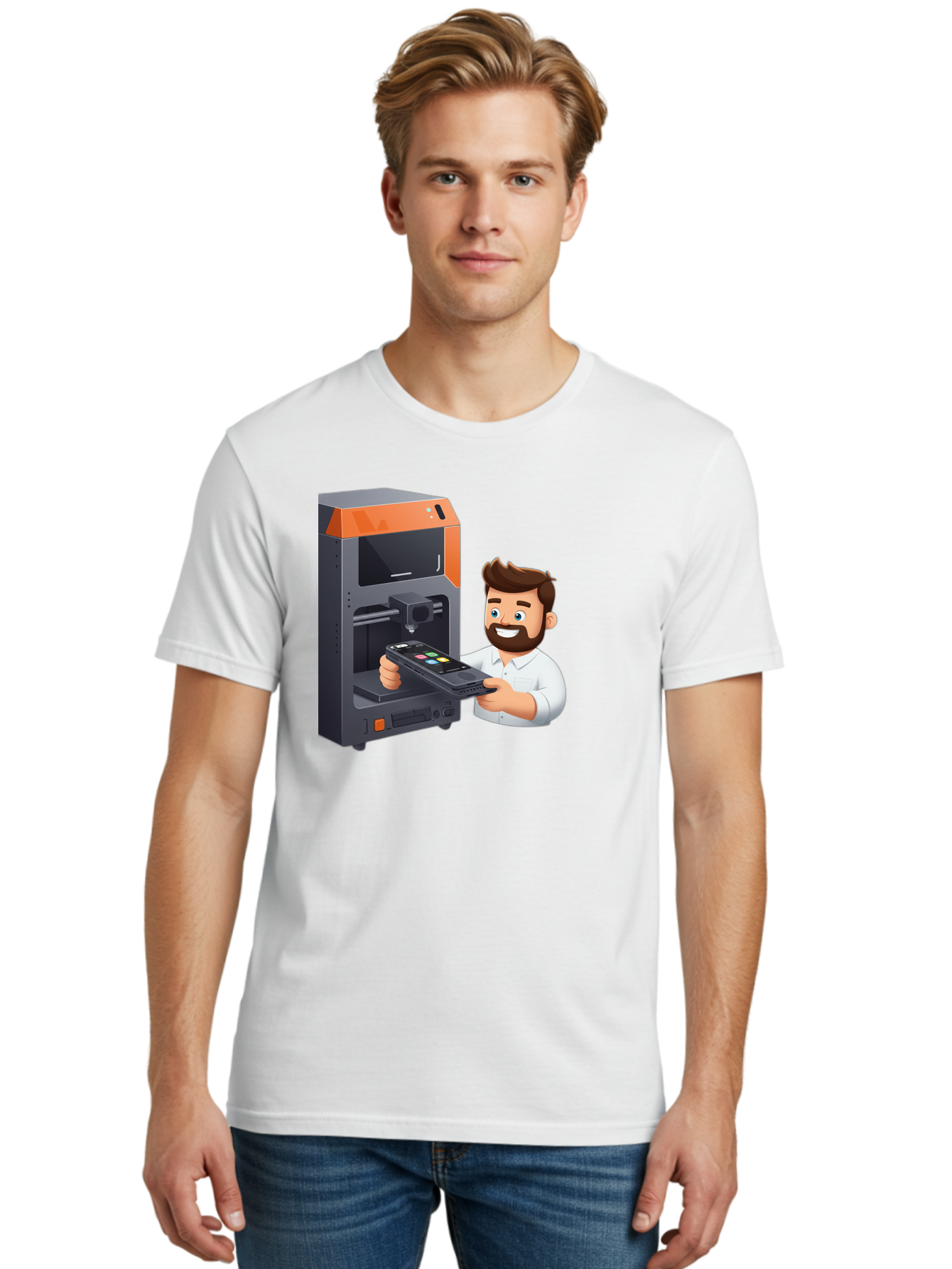 3D-Printer-18 Men'S Graphic Tee, 100% Cotton, Comfortable Casual Summer Wear, Machine Washable, Man Holding Phone, 3D Printing Technology, Phone Scanning, Digital Design, Modern Innovation, Futuristic Manufacturing, 3D Printer Machine Baa011
