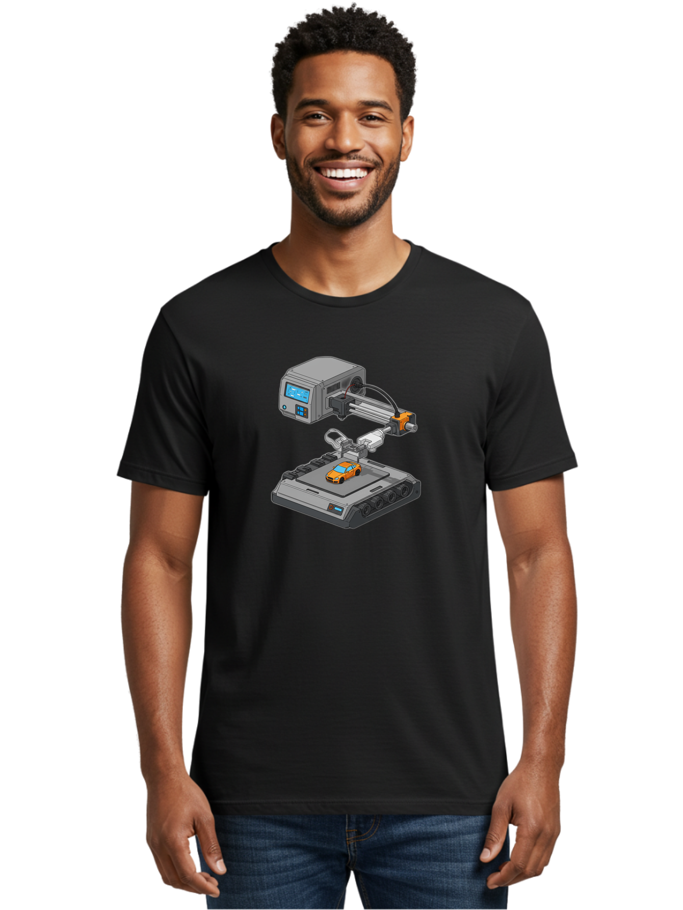 3D-Printer-22 Men'S Graphic Tee, 100% Cotton, Comfortable Casual Summer Wear, Machine Washable, 3D Printing Technology, Rapid Prototyping, Orange Sports Car, Digital Fabrication, Futuristic Manufacturing, Additive Manufacturing, 3D Modeling Baa016