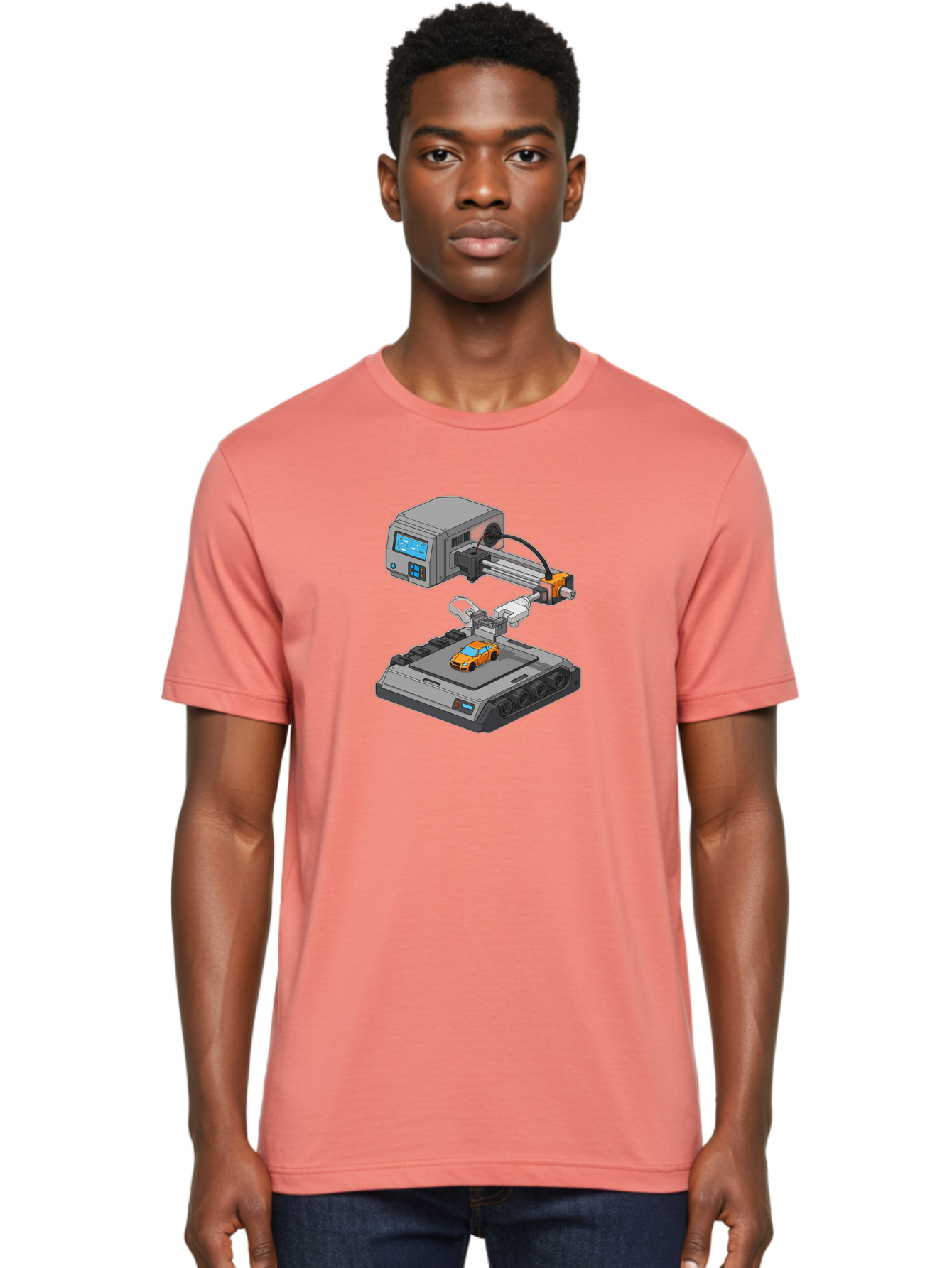 3D-Printer-22 Men'S Graphic Tee, 100% Cotton, Comfortable Casual Summer Wear, Machine Washable, 3D Printing Technology, Rapid Prototyping, Orange Sports Car, Digital Fabrication, Futuristic Manufacturing, Additive Manufacturing, 3D Modeling Baa016