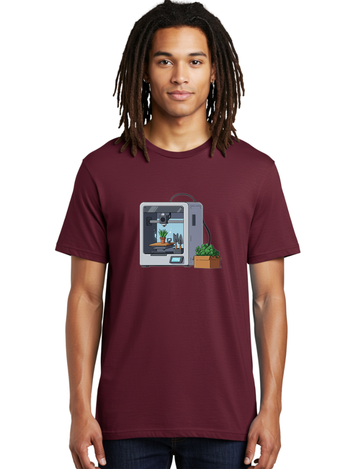 3D-Printer-23 Men'S Graphic Tee, 100% Cotton, Comfortable Casual Summer Wear, Machine Washable, 3D Printing Technology, Digital Fabrication, Futuristic Manufacturing, Potted Plant, Succulent Plants, Cardboard Box, Modern Machinery, Baa017