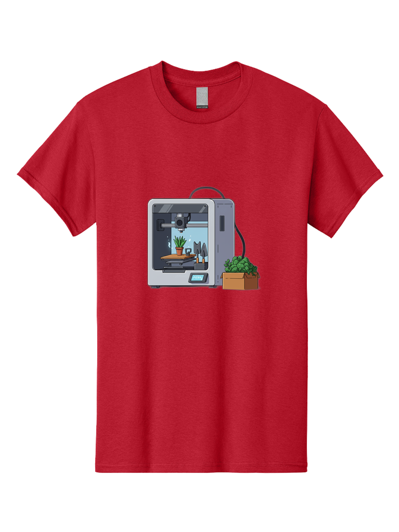 3D-Printer-23 Men'S Graphic Tee, 100% Cotton, Comfortable Casual Summer Wear, Machine Washable, 3D Printing Technology, Digital Fabrication, Futuristic Manufacturing, Potted Plant, Succulent Plants, Cardboard Box, Modern Machinery, Baa017