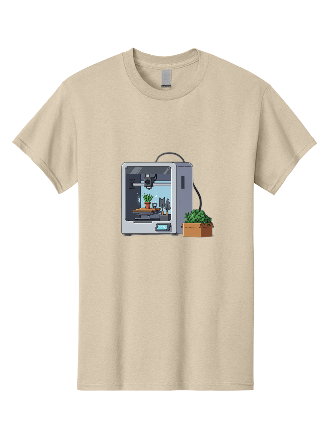 3D-Printer-23 Men'S Graphic Tee, 100% Cotton, Comfortable Casual Summer Wear, Machine Washable, 3D Printing Technology, Digital Fabrication, Futuristic Manufacturing, Potted Plant, Succulent Plants, Cardboard Box, Modern Machinery, Baa017