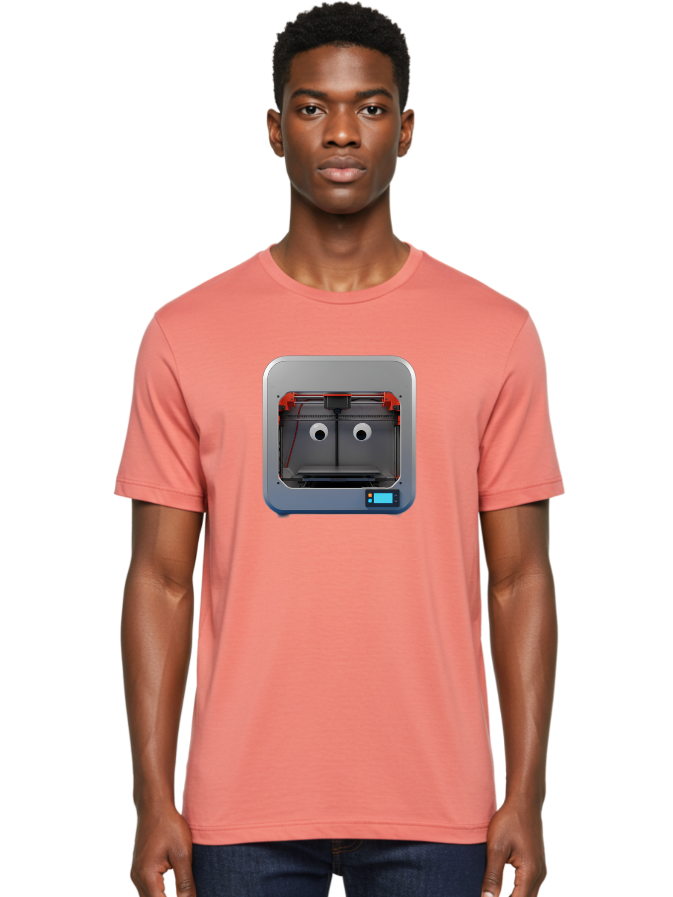 3D-Printer-27 Men'S Graphic Tee, 100% Cotton, Comfortable Casual Summer Wear, Machine Washable, 3D Printing Technology, Additive Manufacturing, Digital Fabrication, Printer Interior, Gray Metal Frame, Orange Accents, Control Panel, Baa021