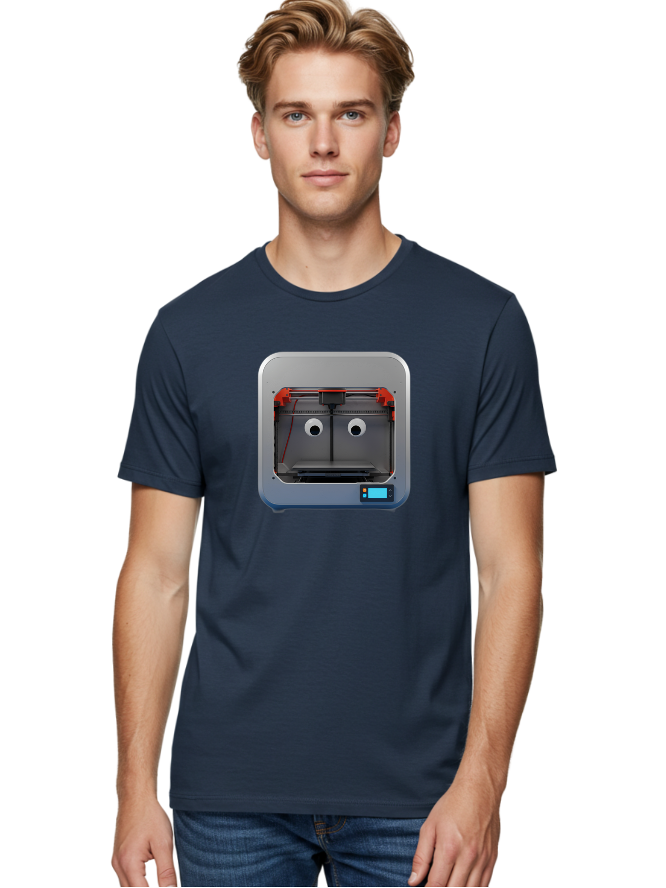 3D-Printer-27 Men'S Graphic Tee, 100% Cotton, Comfortable Casual Summer Wear, Machine Washable, 3D Printing Technology, Additive Manufacturing, Digital Fabrication, Printer Interior, Gray Metal Frame, Orange Accents, Control Panel, Baa021