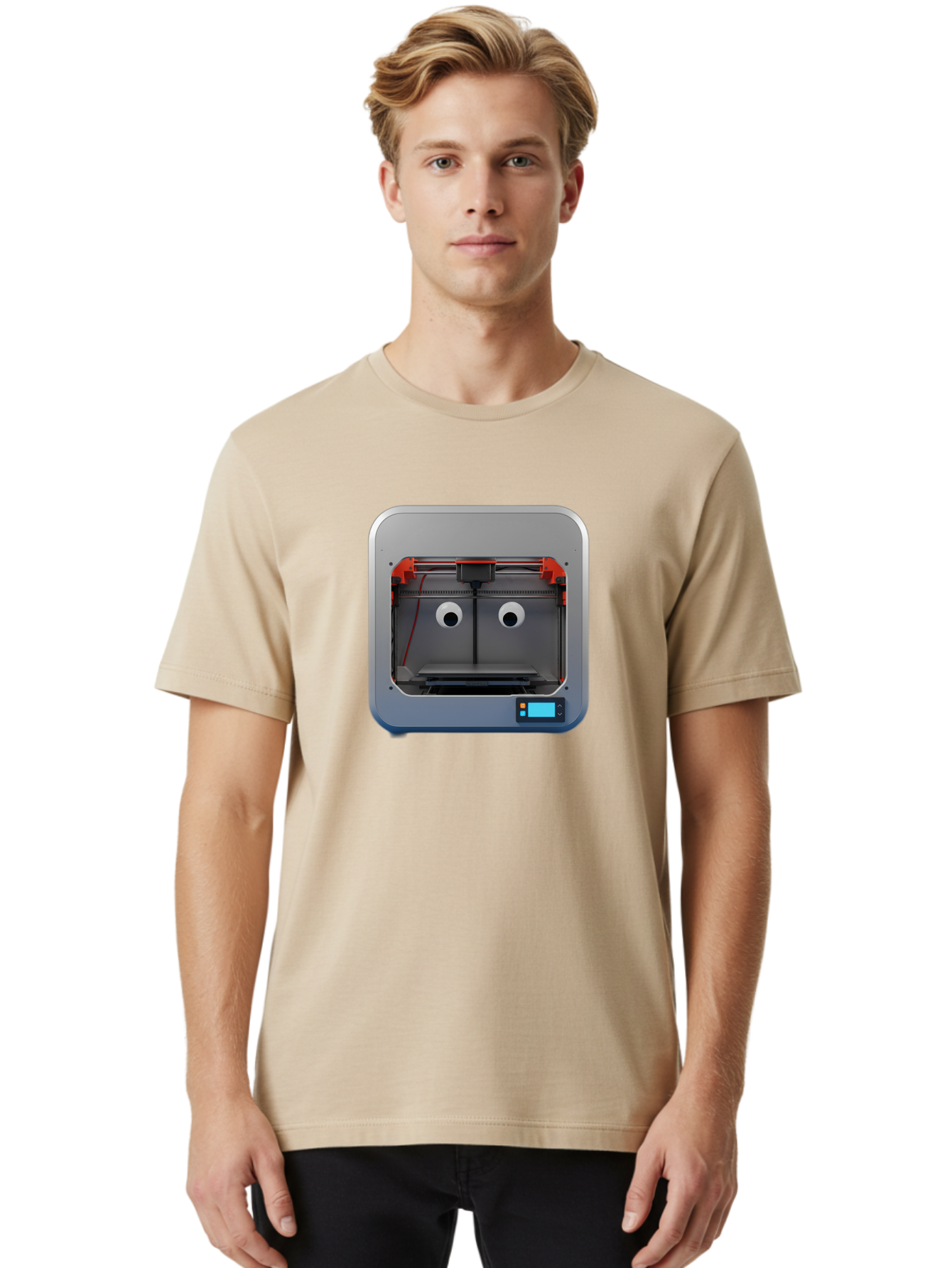 3D-Printer-27 Men'S Graphic Tee, 100% Cotton, Comfortable Casual Summer Wear, Machine Washable, 3D Printing Technology, Additive Manufacturing, Digital Fabrication, Printer Interior, Gray Metal Frame, Orange Accents, Control Panel, Baa021