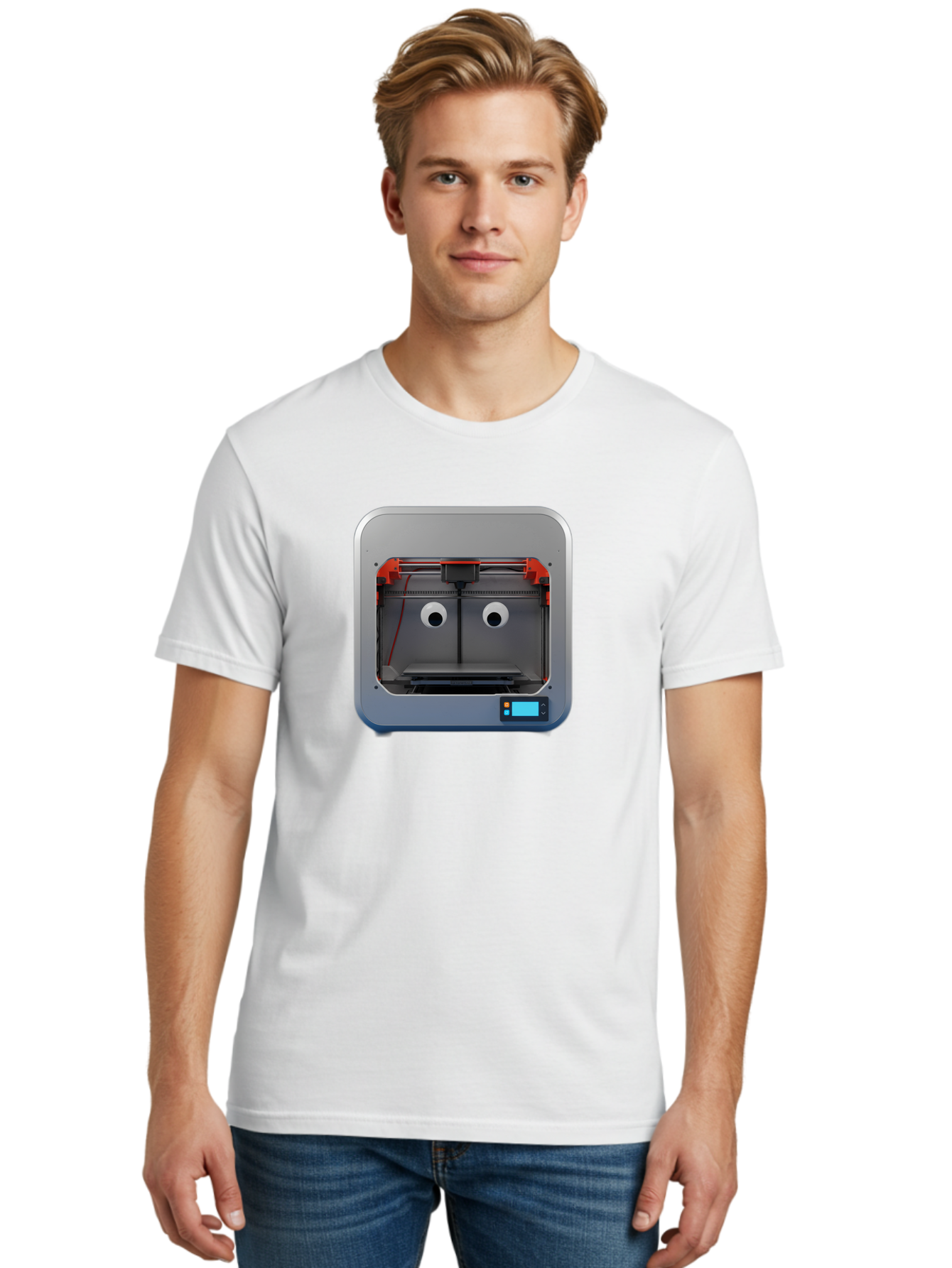3D-Printer-27 Men'S Graphic Tee, 100% Cotton, Comfortable Casual Summer Wear, Machine Washable, 3D Printing Technology, Additive Manufacturing, Digital Fabrication, Printer Interior, Gray Metal Frame, Orange Accents, Control Panel, Baa021