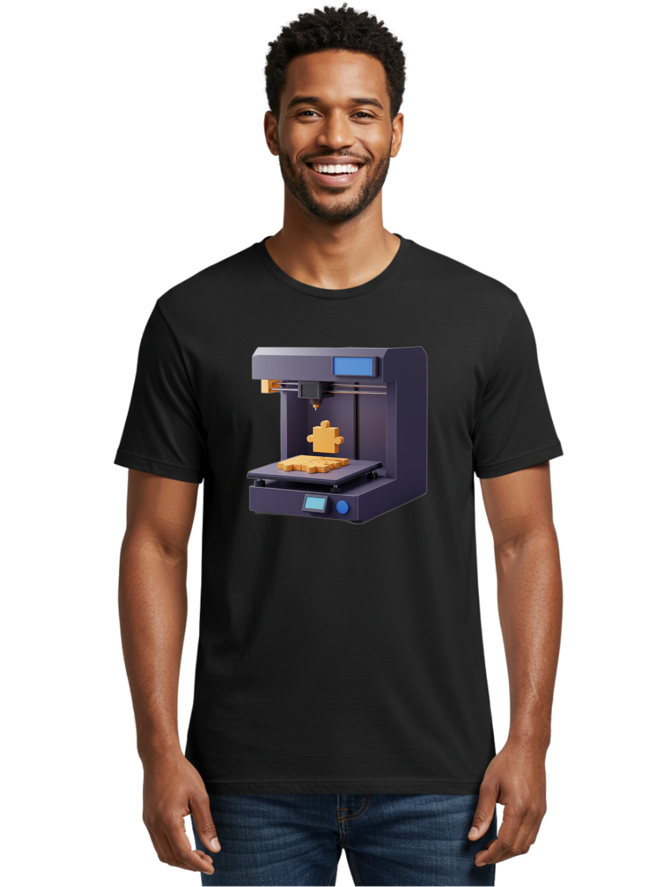 3D-Printer-30 Men'S Graphic Tee, 100% Cotton, Comfortable Casual Summer Wear, Machine Washable, 3D Printing Technology, Additive Manufacturing, Puzzle Piece Being Printed, Modern Machinery, Digital Fabrication, 3D Modeling, Yellow Plastic, Baa025