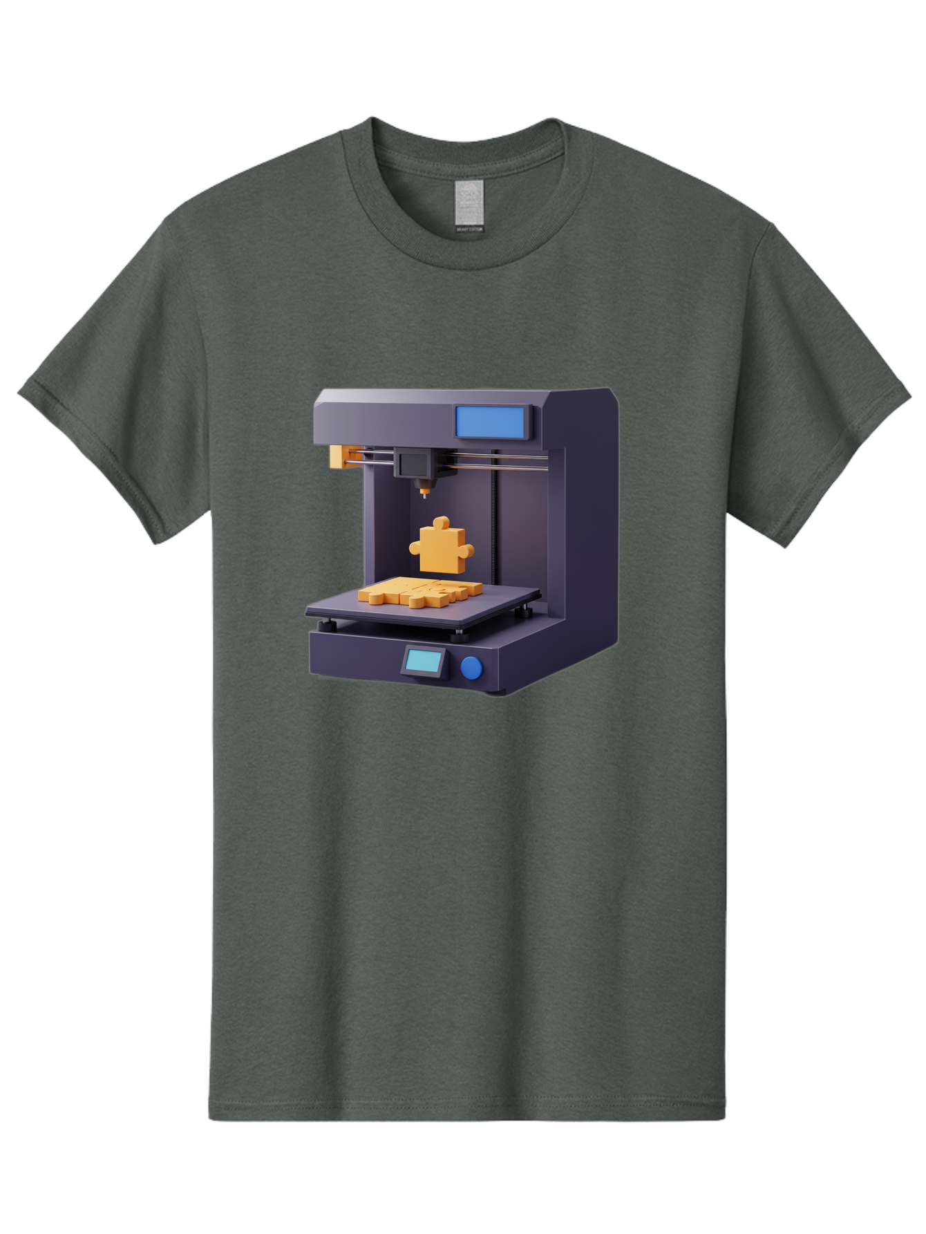 3D-Printer-30 Men'S Graphic Tee, 100% Cotton, Comfortable Casual Summer Wear, Machine Washable, 3D Printing Technology, Additive Manufacturing, Puzzle Piece Being Printed, Modern Machinery, Digital Fabrication, 3D Modeling, Yellow Plastic, Baa025