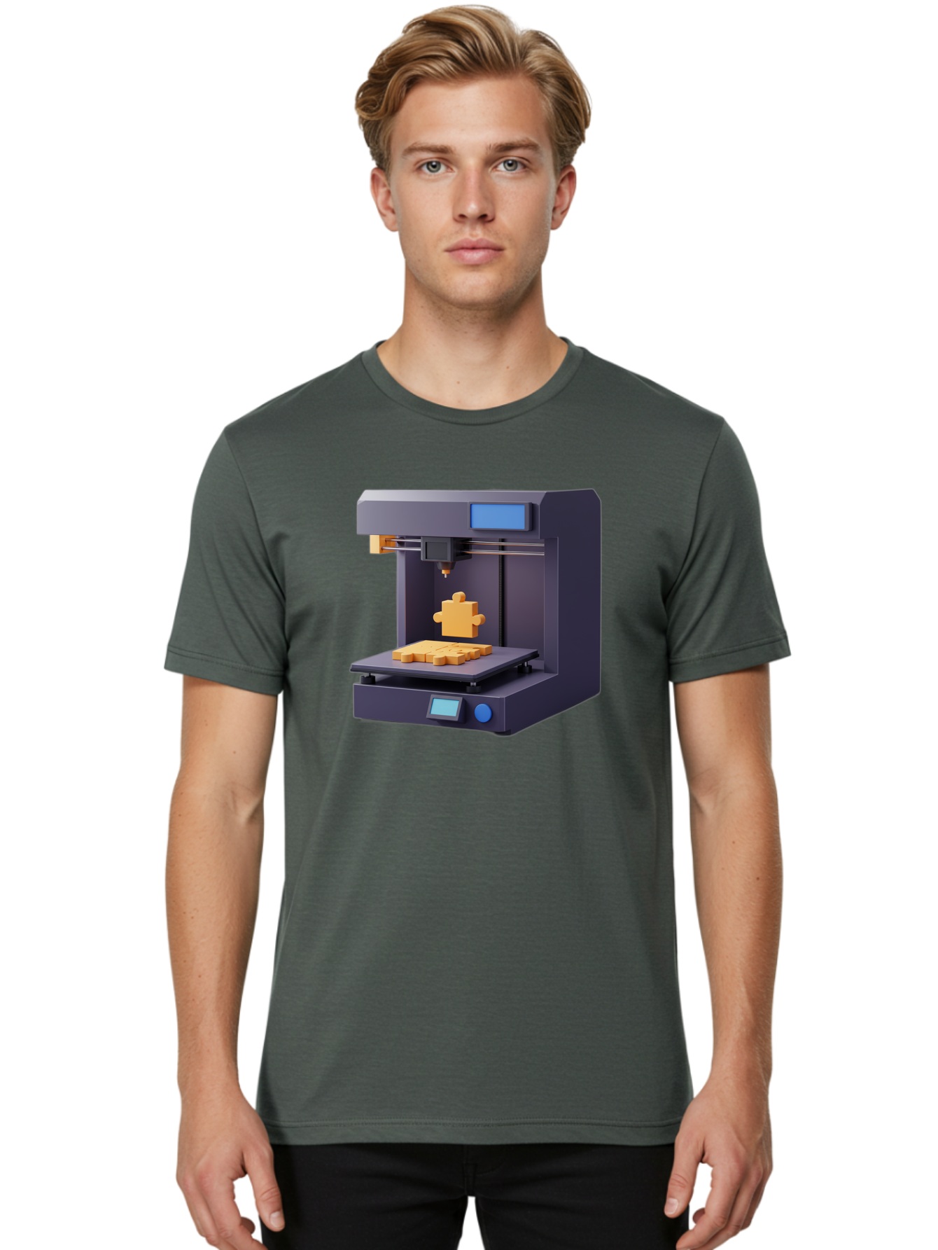3D-Printer-30 Men'S Graphic Tee, 100% Cotton, Comfortable Casual Summer Wear, Machine Washable, 3D Printing Technology, Additive Manufacturing, Puzzle Piece Being Printed, Modern Machinery, Digital Fabrication, 3D Modeling, Yellow Plastic, Baa025