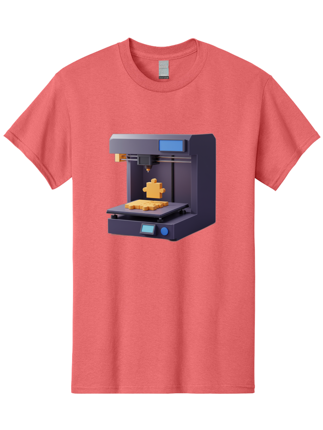3D-Printer-30 Men'S Graphic Tee, 100% Cotton, Comfortable Casual Summer Wear, Machine Washable, 3D Printing Technology, Additive Manufacturing, Puzzle Piece Being Printed, Modern Machinery, Digital Fabrication, 3D Modeling, Yellow Plastic, Baa025