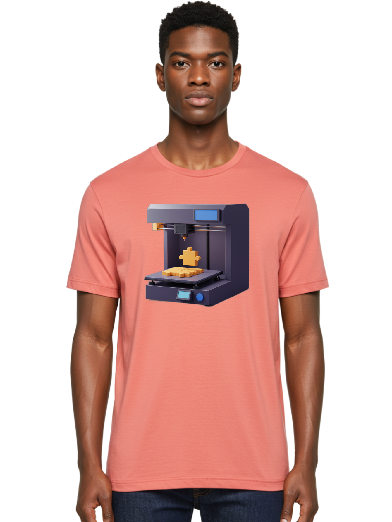 3D-Printer-30 Men'S Graphic Tee, 100% Cotton, Comfortable Casual Summer Wear, Machine Washable, 3D Printing Technology, Additive Manufacturing, Puzzle Piece Being Printed, Modern Machinery, Digital Fabrication, 3D Modeling, Yellow Plastic, Baa025