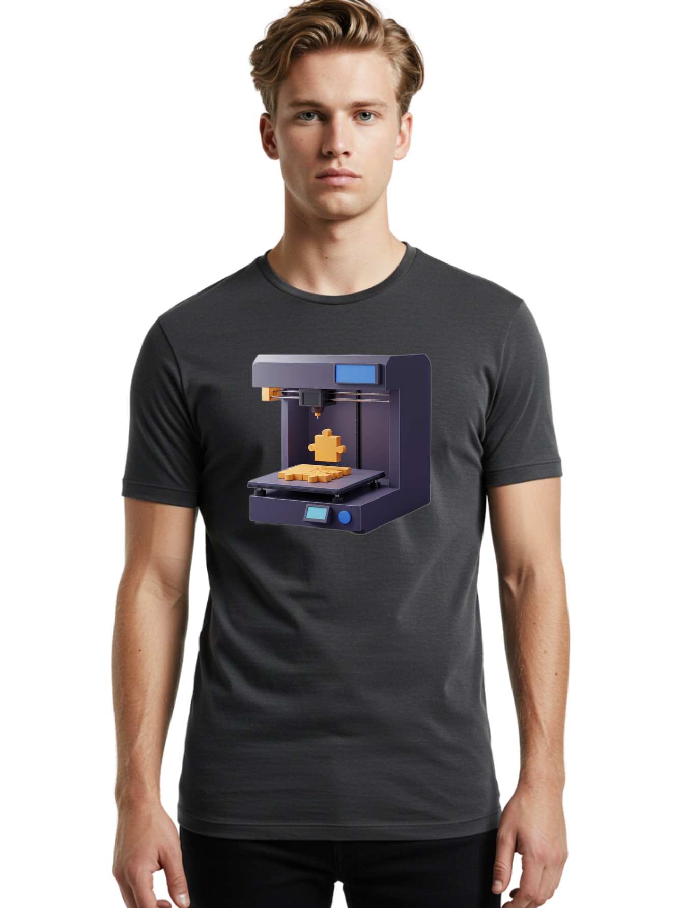 3D-Printer-30 Men'S Graphic Tee, 100% Cotton, Comfortable Casual Summer Wear, Machine Washable, 3D Printing Technology, Additive Manufacturing, Puzzle Piece Being Printed, Modern Machinery, Digital Fabrication, 3D Modeling, Yellow Plastic, Baa025
