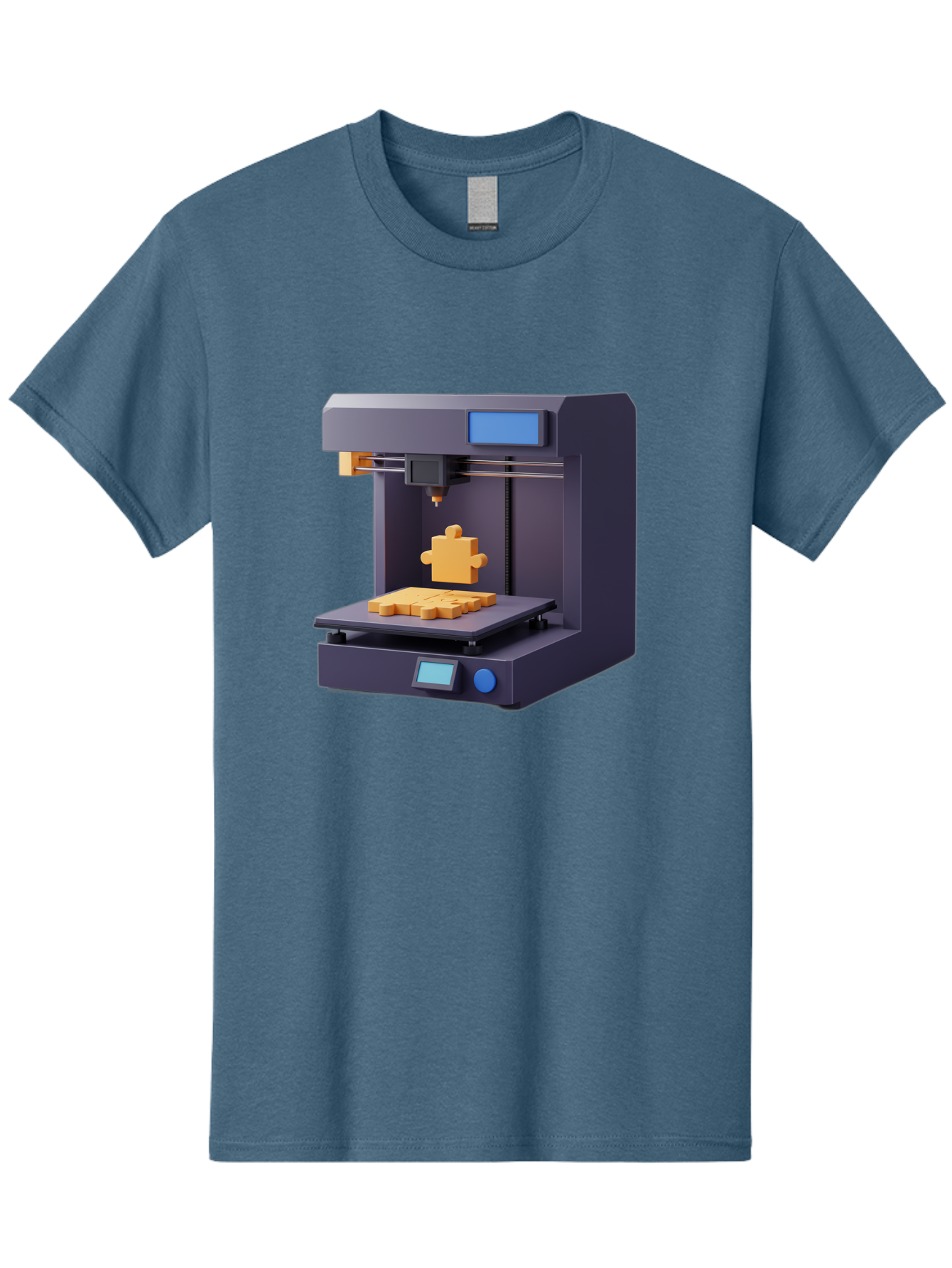 3D-Printer-30 Men'S Graphic Tee, 100% Cotton, Comfortable Casual Summer Wear, Machine Washable, 3D Printing Technology, Additive Manufacturing, Puzzle Piece Being Printed, Modern Machinery, Digital Fabrication, 3D Modeling, Yellow Plastic, Baa025