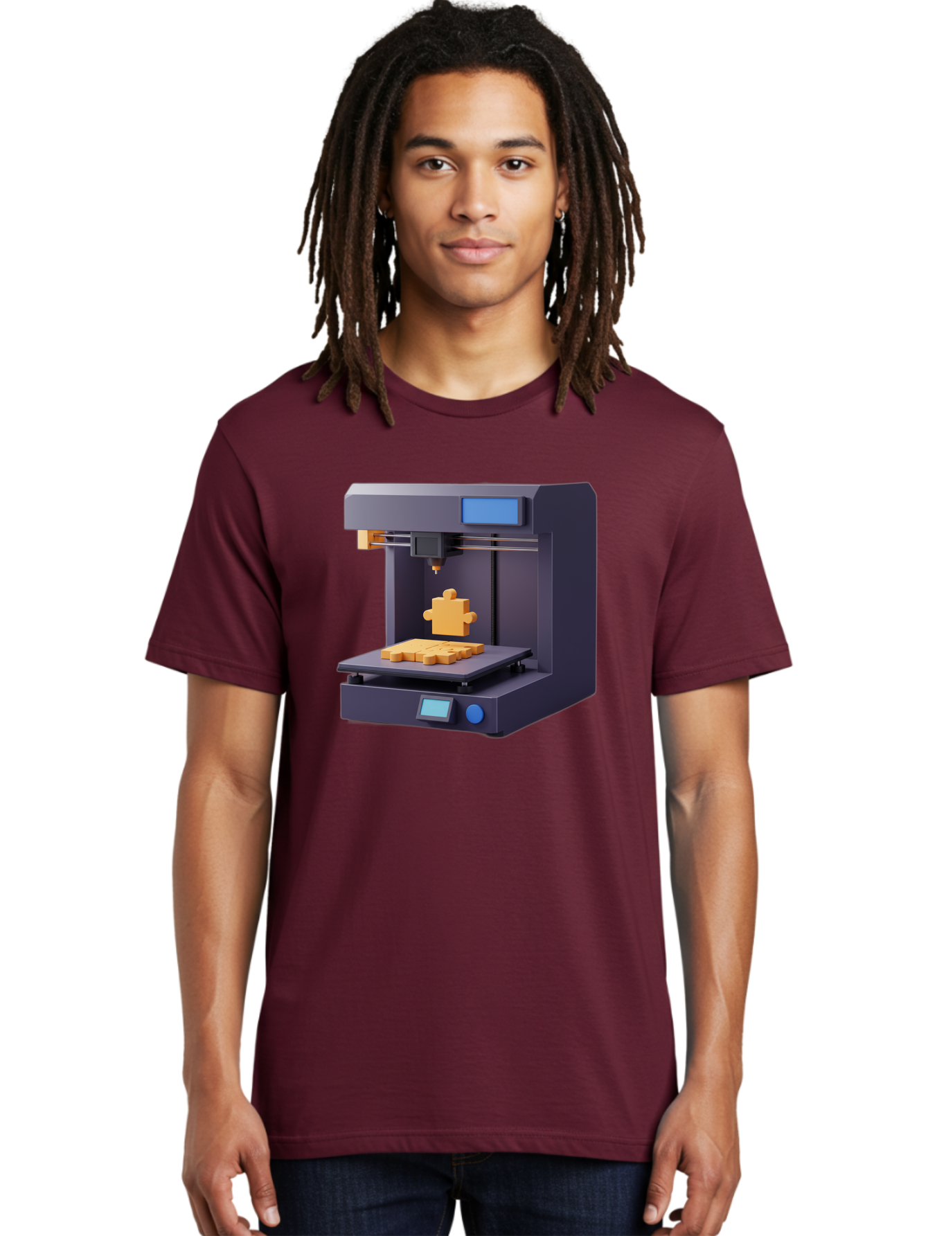 3D-Printer-30 Men'S Graphic Tee, 100% Cotton, Comfortable Casual Summer Wear, Machine Washable, 3D Printing Technology, Additive Manufacturing, Puzzle Piece Being Printed, Modern Machinery, Digital Fabrication, 3D Modeling, Yellow Plastic, Baa025