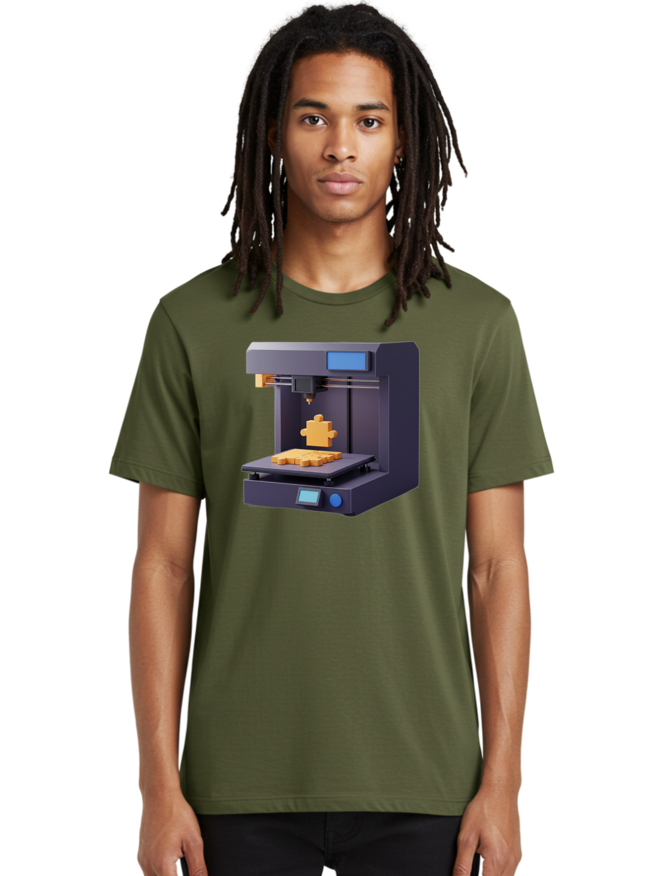 3D-Printer-30 Men'S Graphic Tee, 100% Cotton, Comfortable Casual Summer Wear, Machine Washable, 3D Printing Technology, Additive Manufacturing, Puzzle Piece Being Printed, Modern Machinery, Digital Fabrication, 3D Modeling, Yellow Plastic, Baa025