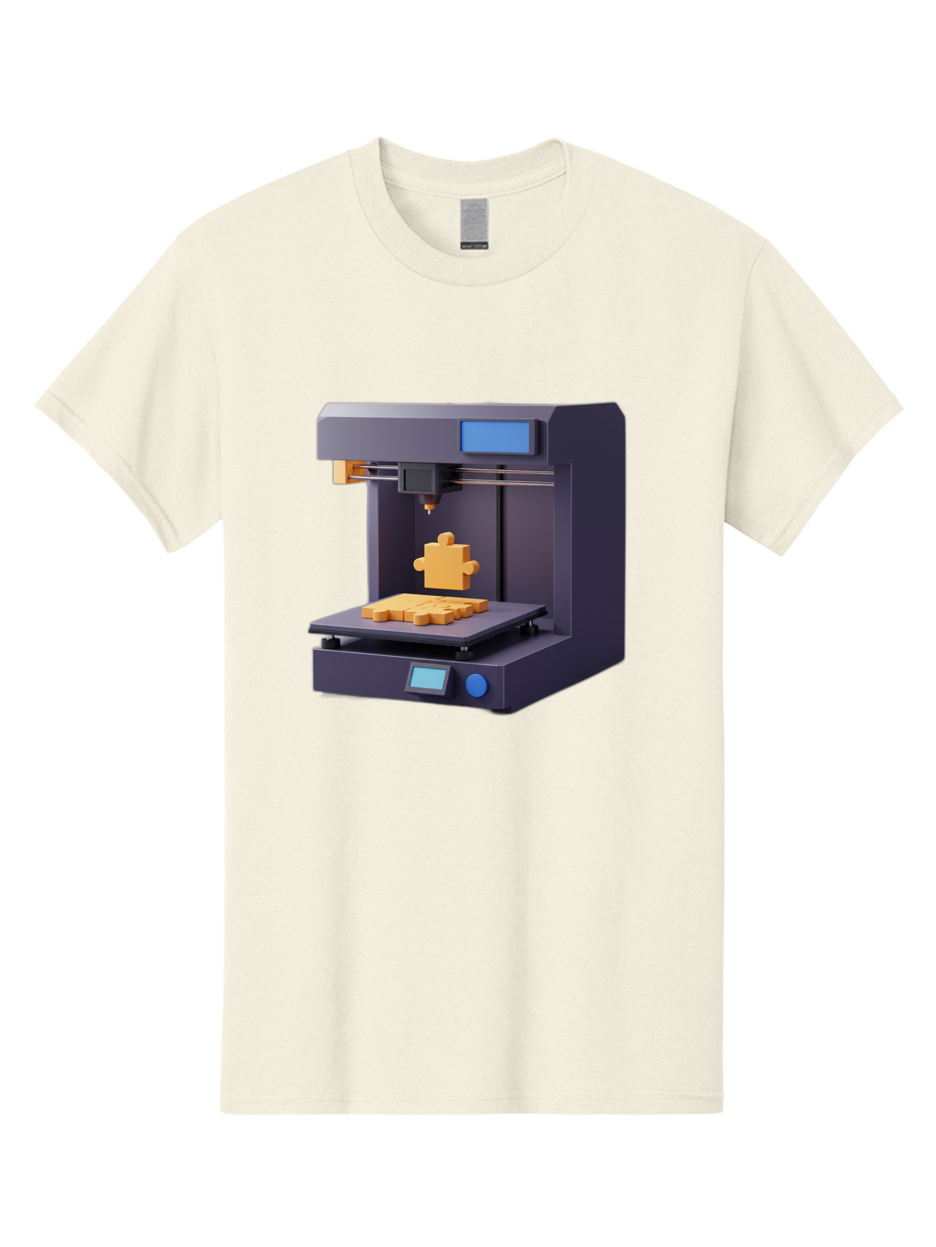 3D-Printer-30 Men'S Graphic Tee, 100% Cotton, Comfortable Casual Summer Wear, Machine Washable, 3D Printing Technology, Additive Manufacturing, Puzzle Piece Being Printed, Modern Machinery, Digital Fabrication, 3D Modeling, Yellow Plastic, Baa025
